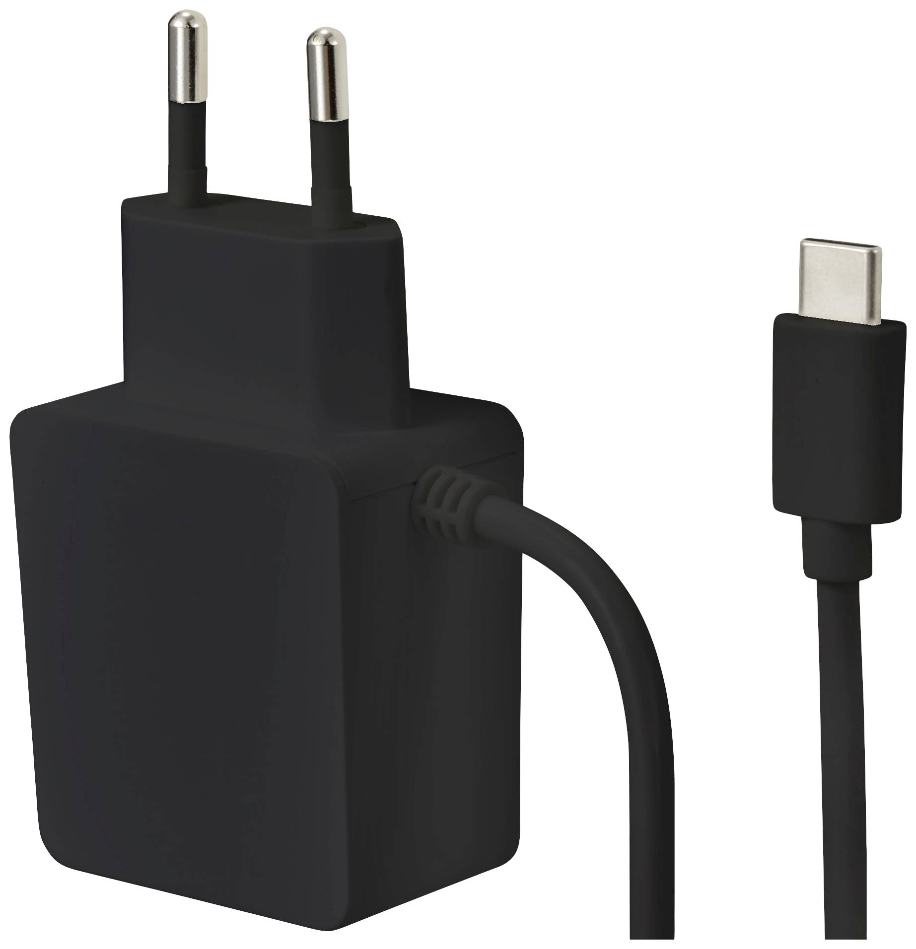 Schwarzes USB-C-Ladegerät mit EU-Stecker, geeignet für Smartphones und Tablets. Standarddesign, kompakt und tragbar.