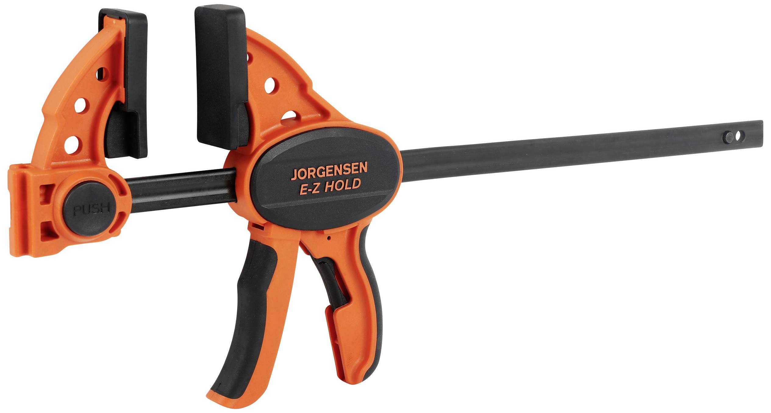 Eine orangefarbene Schraubzwinge mit schwarzem Griff und der Aufschrift 'Jorgensen E-Z Hold'.
