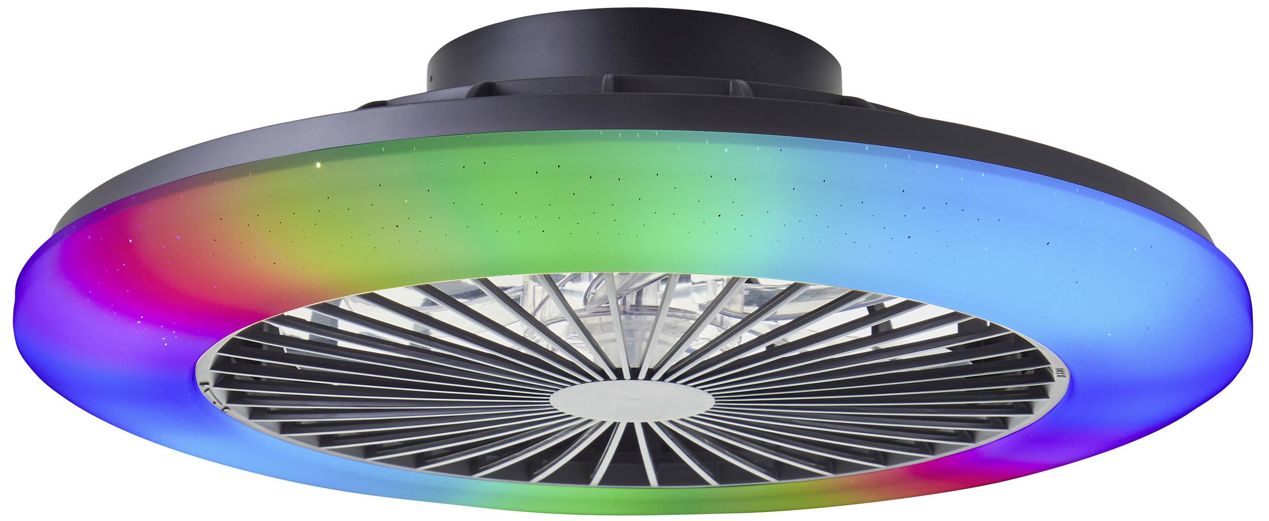 Deckenventilator mit bunten LED-Leuchten in einem kreisförmigen Design. Die LEDs strahlen in Regenbogenfarben, die Klingen sind schwarz.