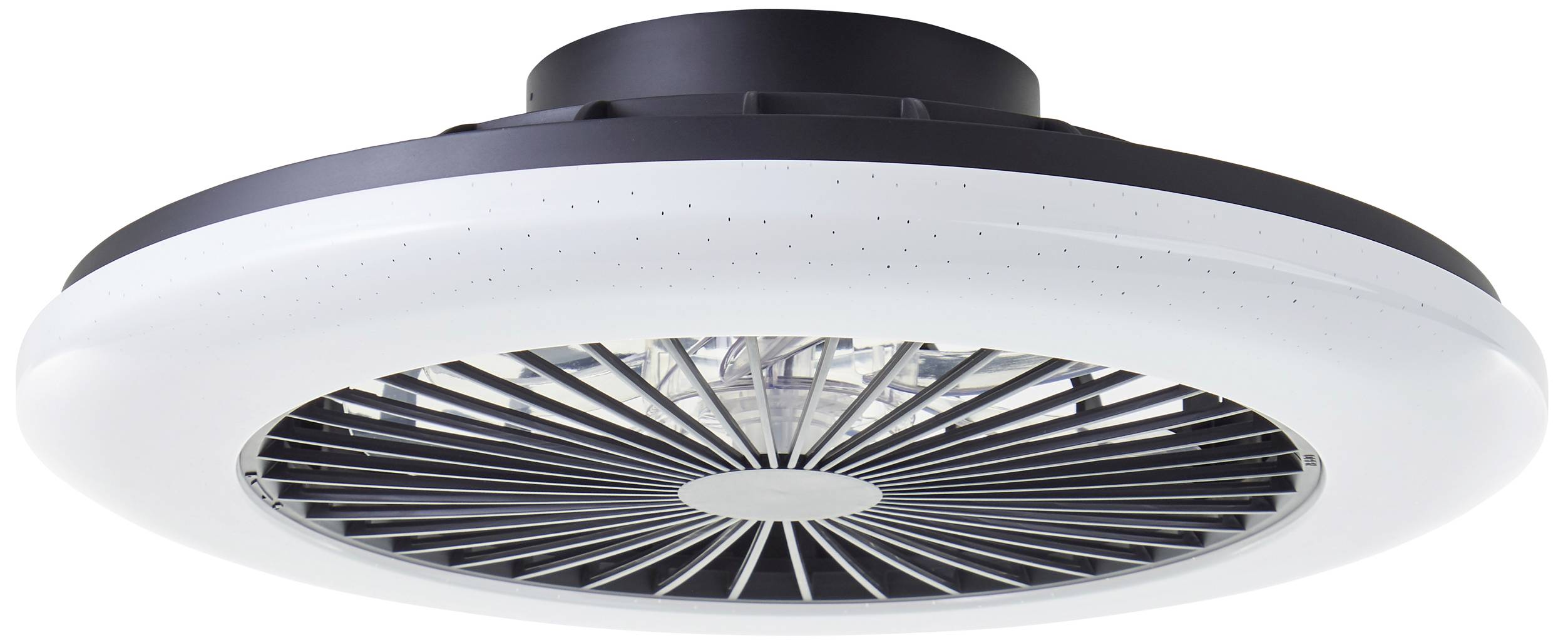 Runder, moderner Deckenventilator mit weißem und schwarzem Gehäuse. Achten Sie auf das Lüftergitter und die mittigen Lampen innen.