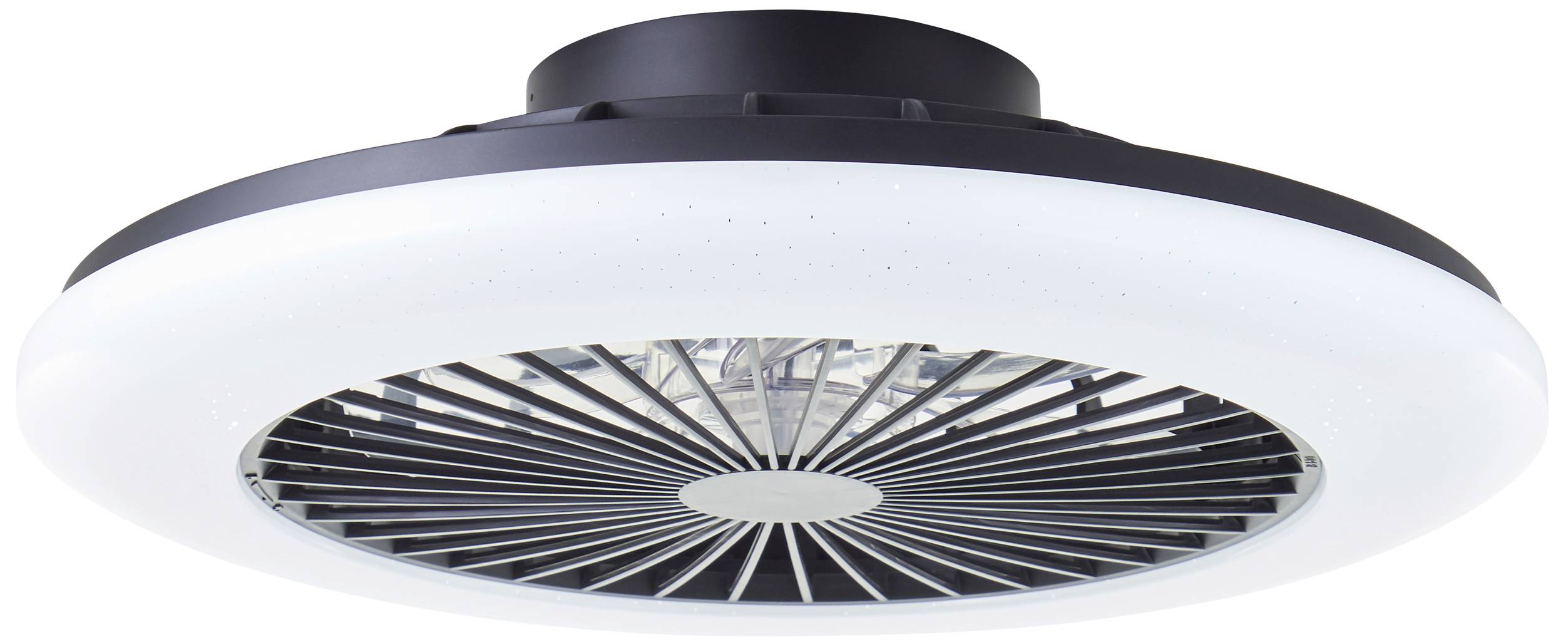 Runder Deckenventilator mit integrierter LED-Leuchte, schwarzes Gehäuse, kreisförmige Lüfterblätter. Ideal für moderne Innenräume.