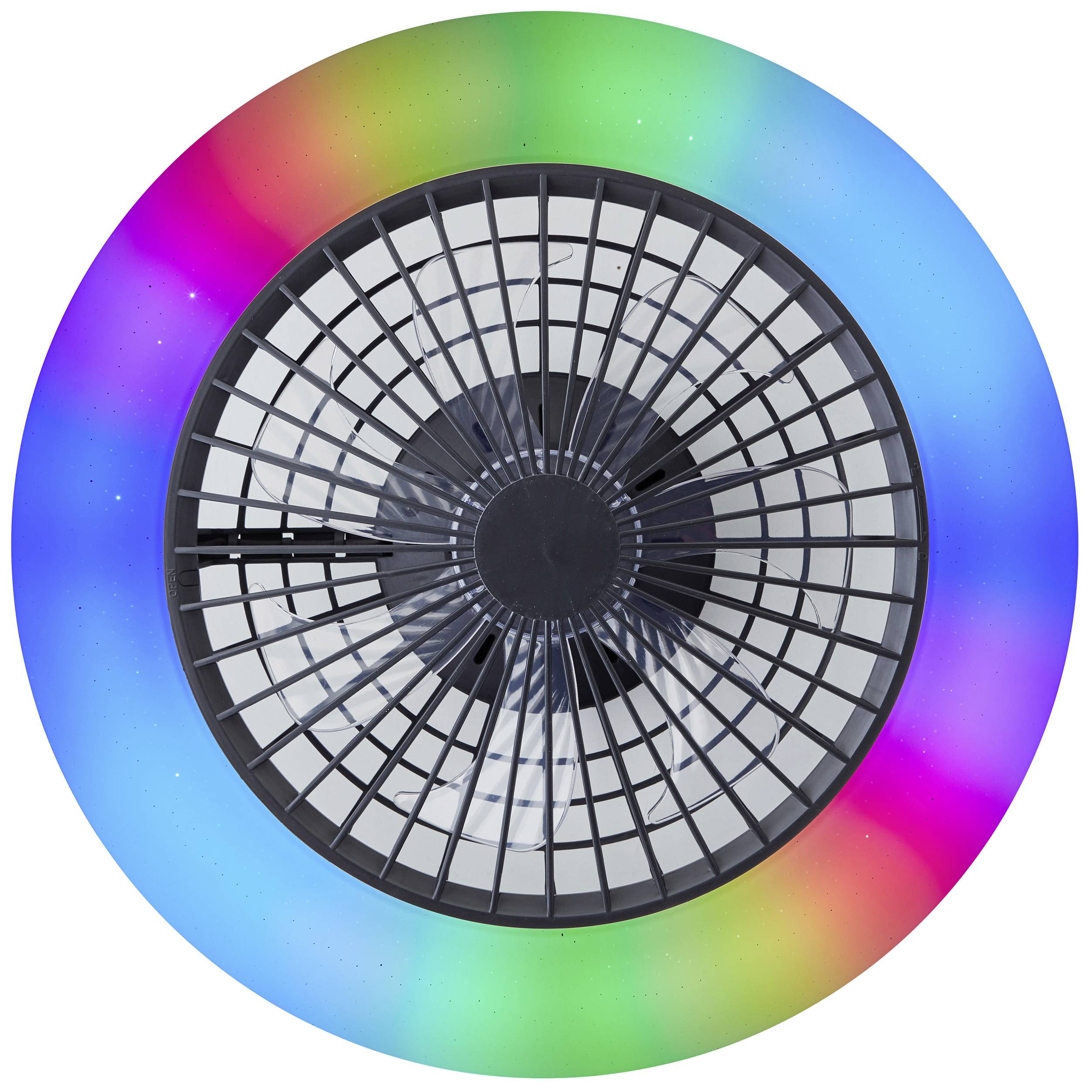 Lüfter mit buntem LED-Lichtring; Farben verlaufen von Rot zu Blau und Grün. Ansicht von oben, zeigt das Gitter und die Drehblätter.