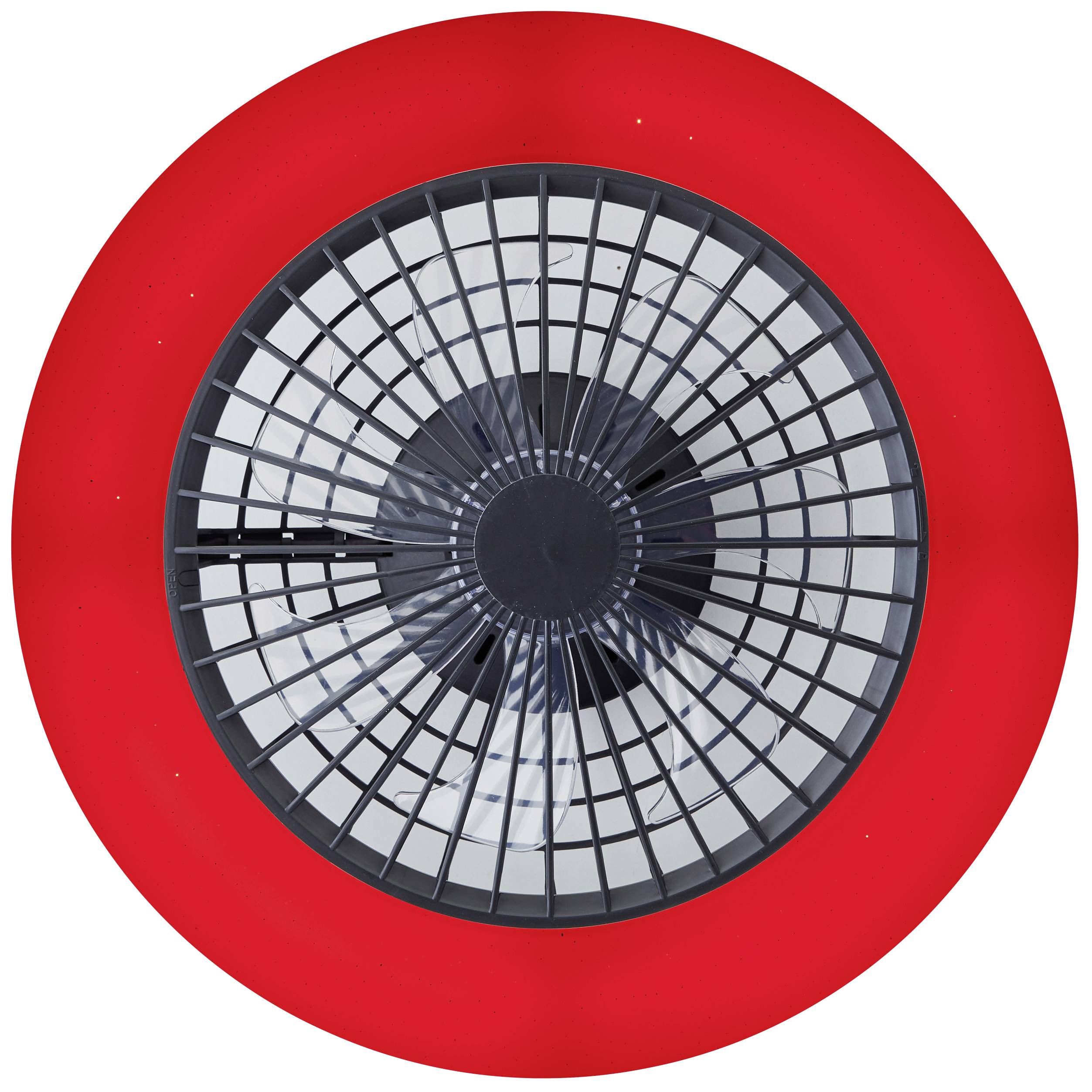Runder Deckenventilator mit schwarzem Gitter, zentriert auf leuchtend rotem Hintergrund.