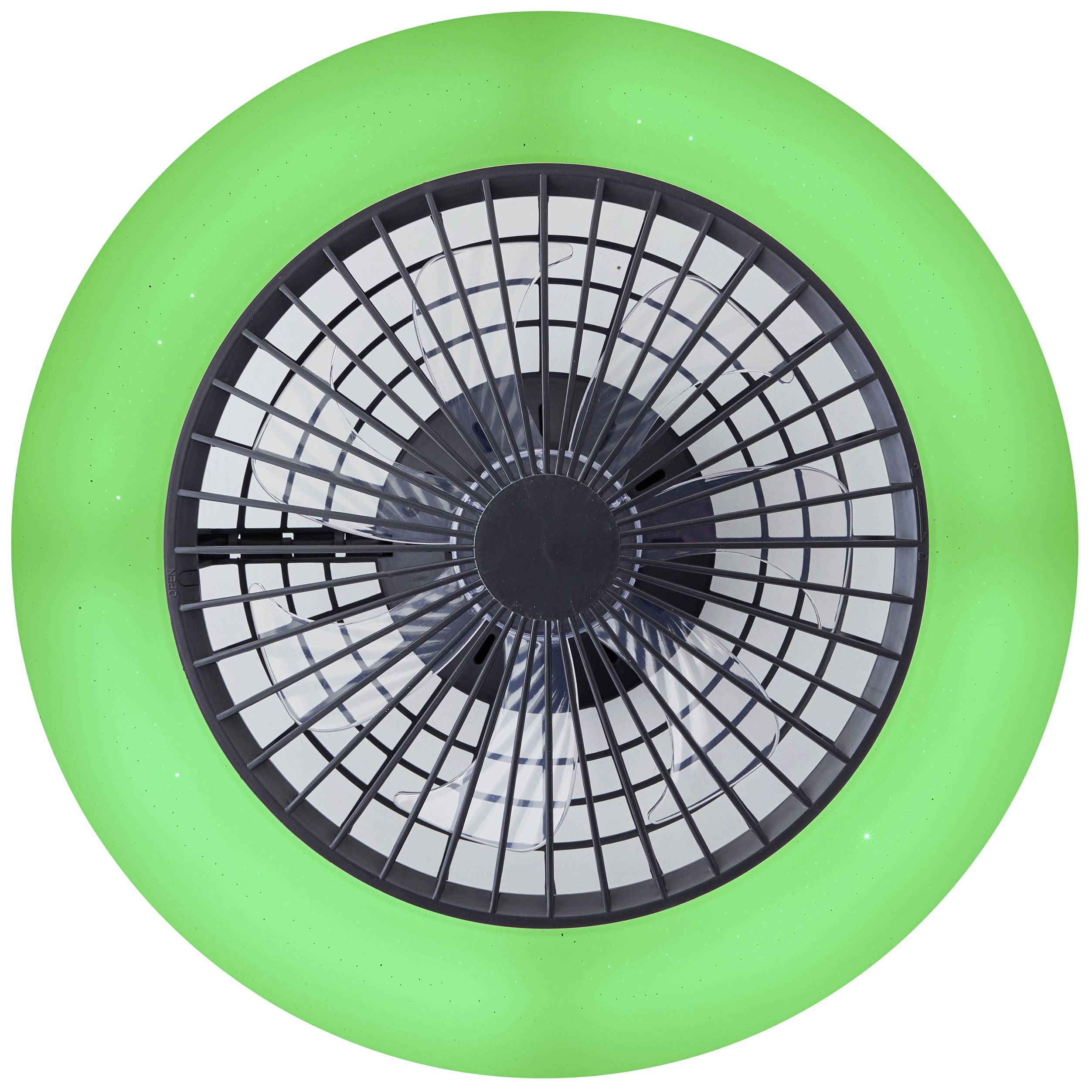 Deckenventilator mit grünem LED-Licht, rundes Design, schwarze Schutzgitter und Rotorblätter, zentrale Lüftungseinheit.