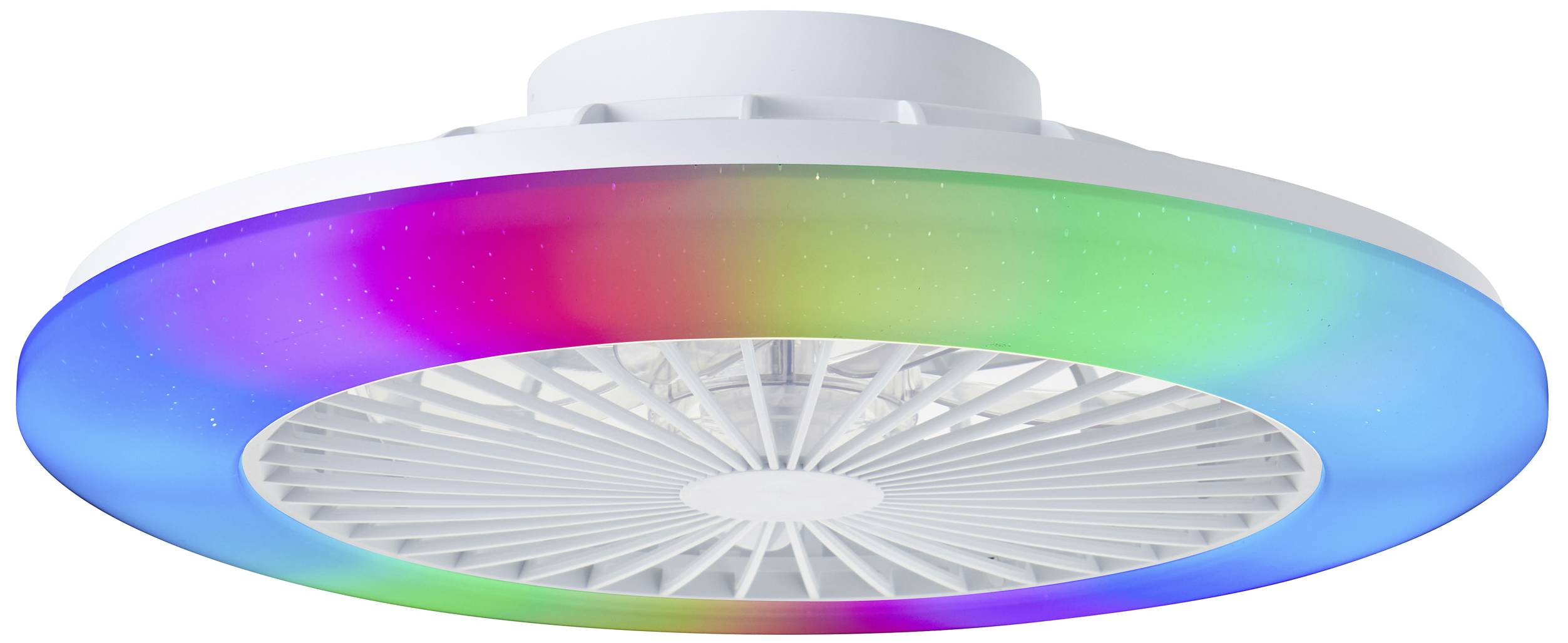 Deckenventilator mit integrierter, bunter LED-Beleuchtung in einem kreisförmigen Design.