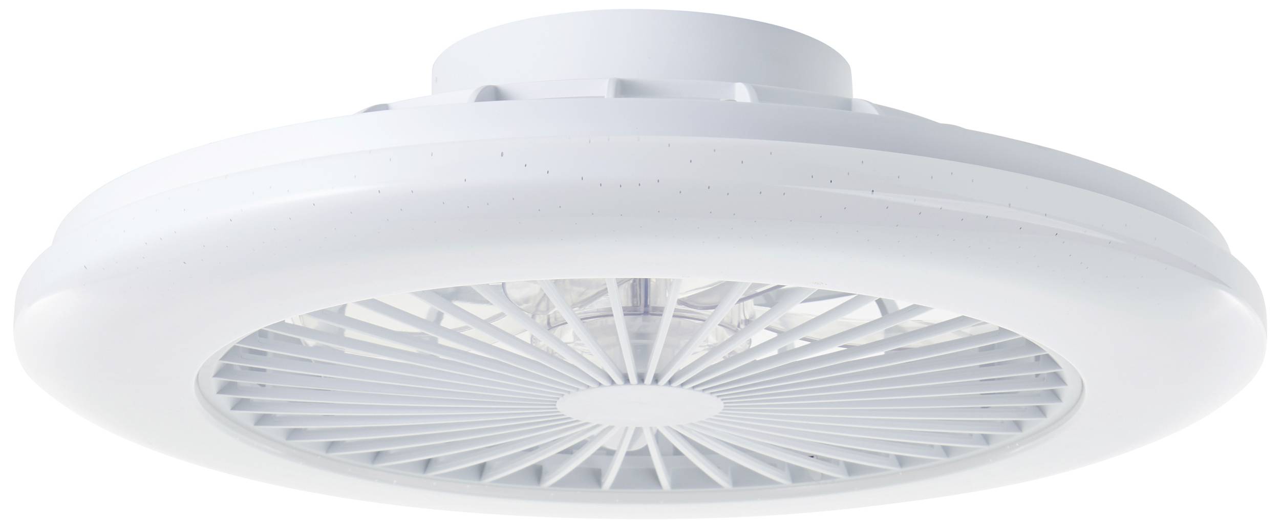 Deckenleuchte mit rundem, weißem Gehäuse und integrierten Lüfterlamellen. Modernes Design für Wohnzimmer oder Küche.