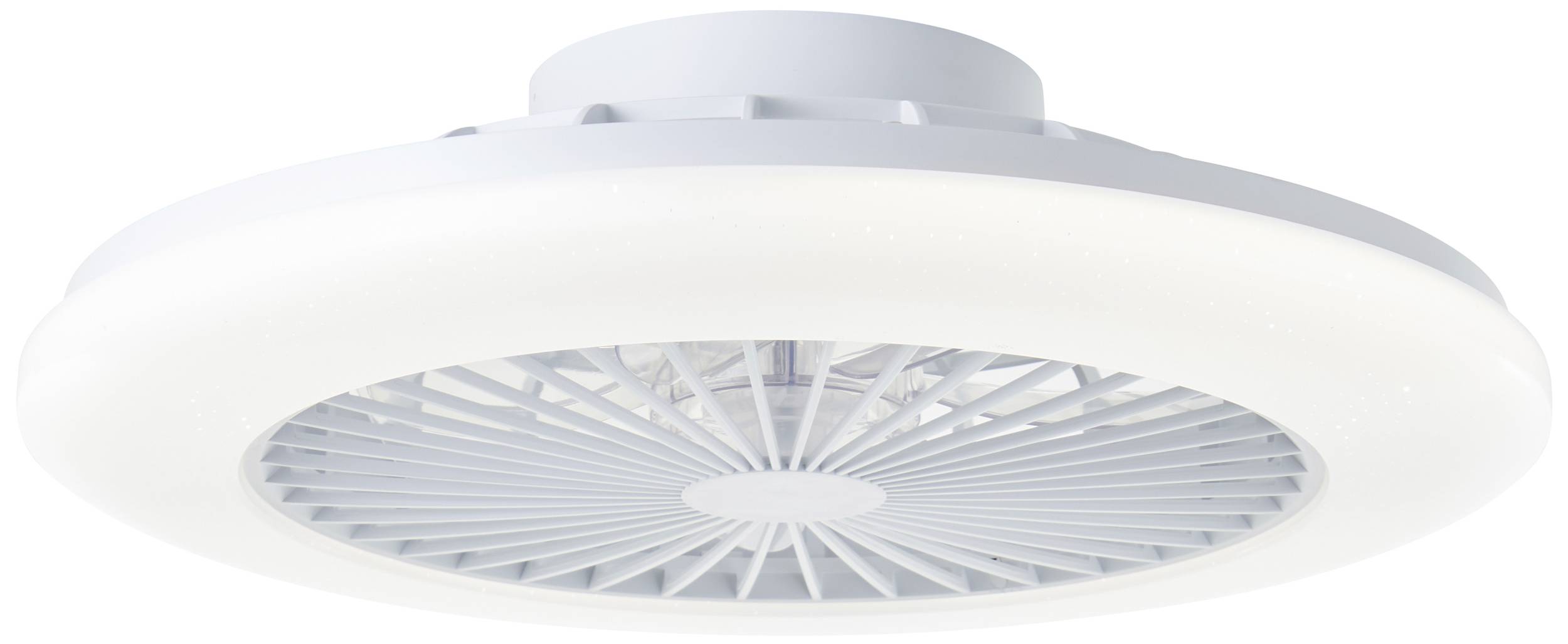 Ein weißer Deckenventilator mit integrierter Beleuchtung, zirkuläre Form, Sicht von unten. Geeignet für moderne Innenräume.