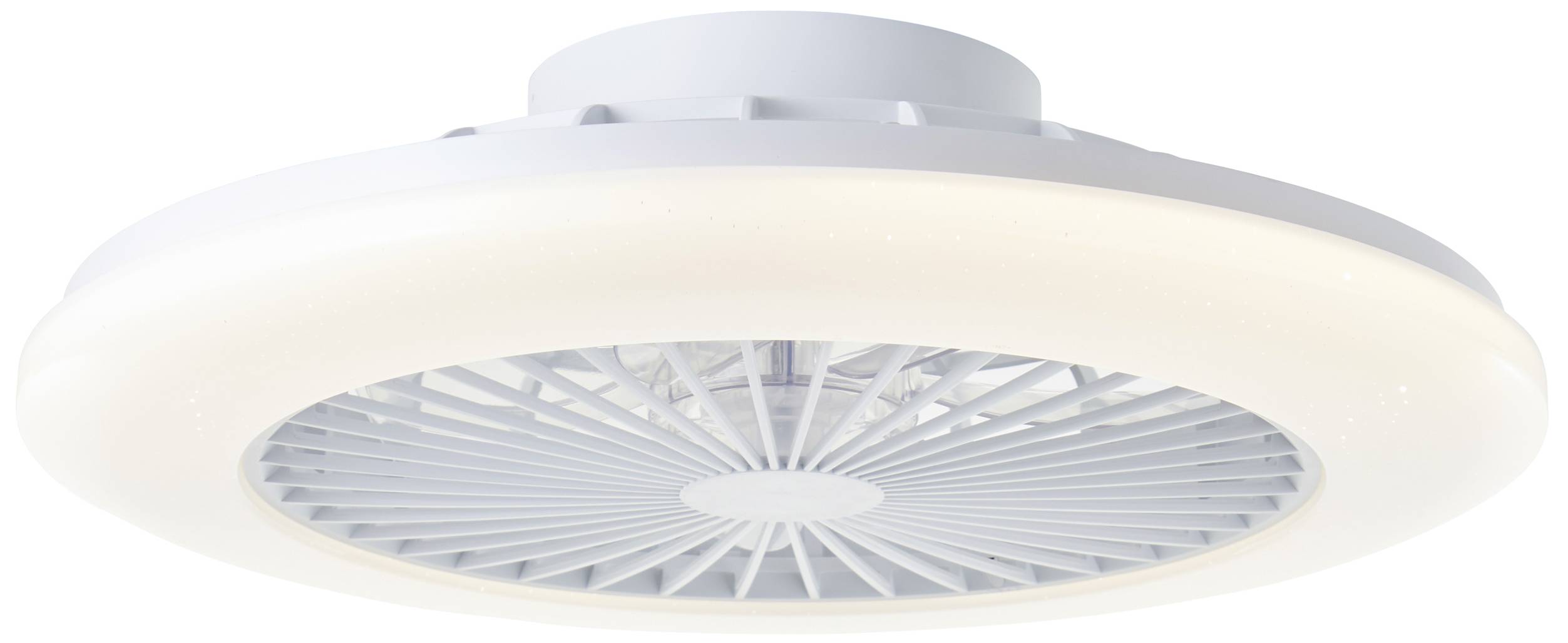 Deckenventilator mit rundem, weißem Rahmen und integrierter Beleuchtung. Ventilatorblätter im Inneren des Rahmens sichtbar.