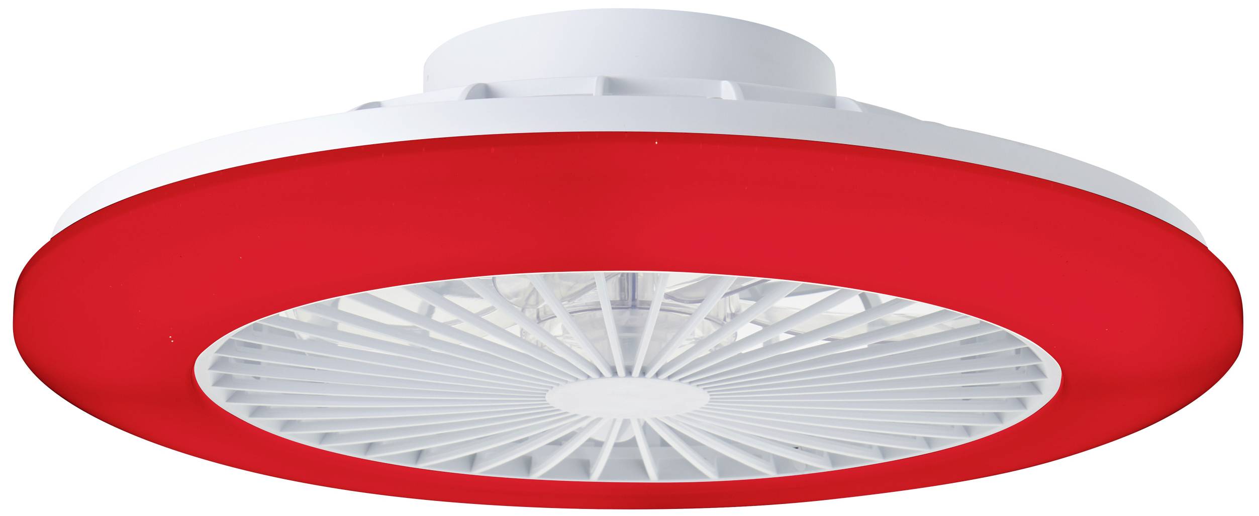 Deckenventilator mit rotem LED-Licht, moderne runde Form, weiße Lüftungsgitter in der Mitte.