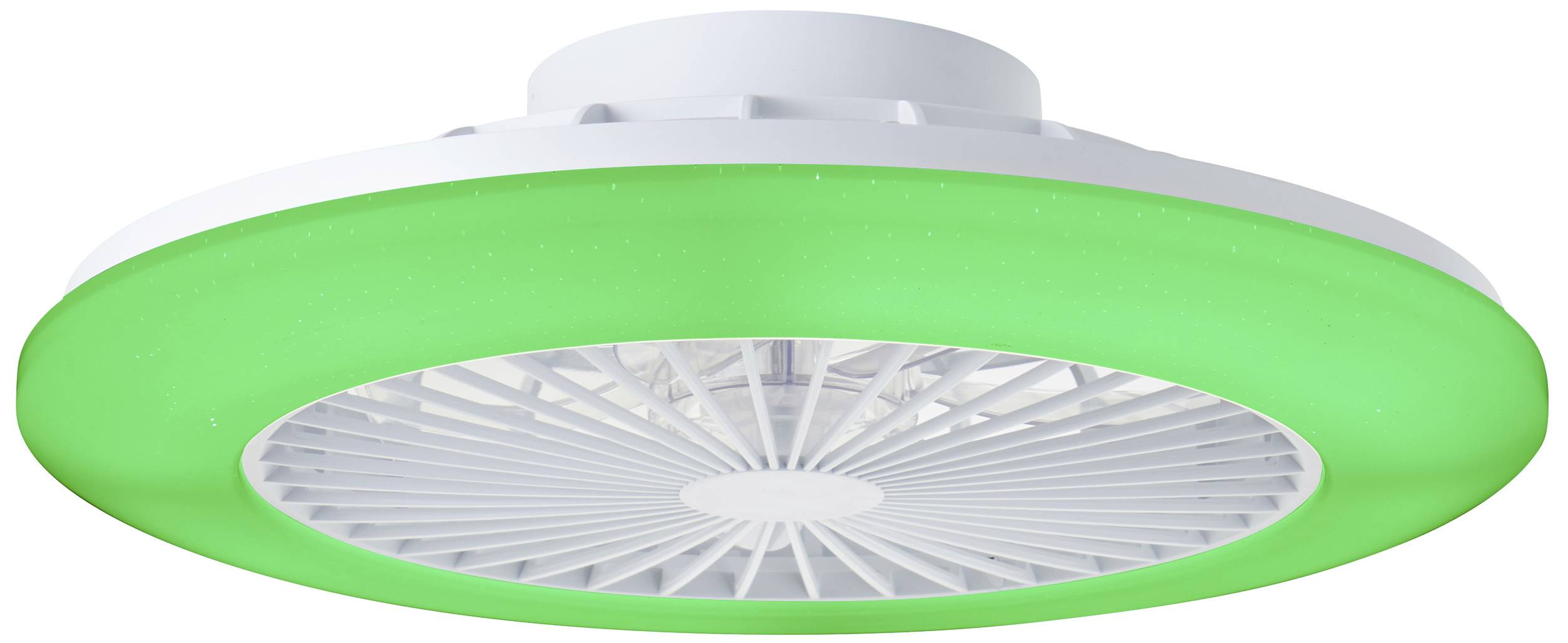 Grüne LED-Deckenleuchte mit rundem Gehäuse und integriertem Ventilator, ausgelegt für moderne Innenräume.