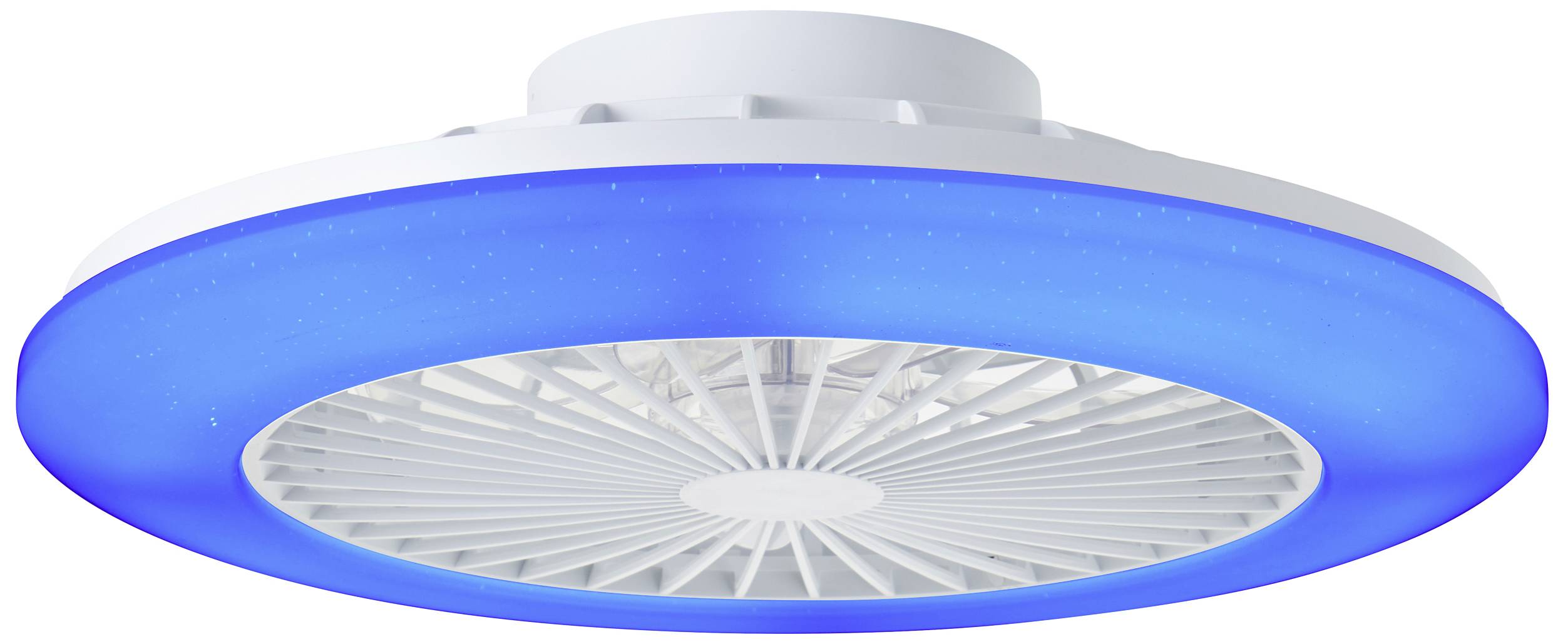 Deckenventilator mit blauem LED-Lichtring. Weißes Gitter in der Mitte, modernes Design, bietet sowohl Beleuchtung als auch Belüftung.