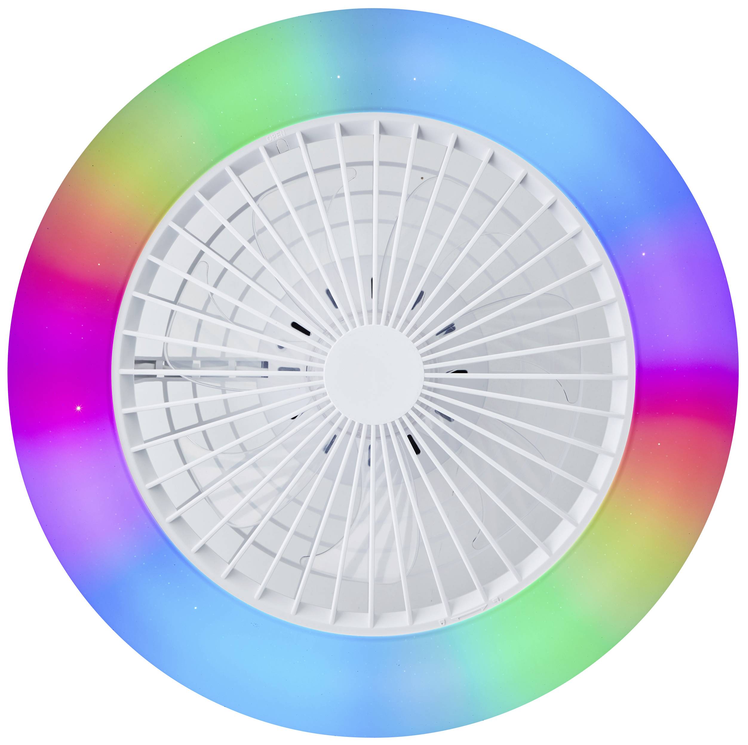 Ventilator mit einem runden, weißen Gitter. Umgeben von einem leuchtenden Ring, der in den Farben Blau, Grün, Gelb, Rot und Lila erscheint.
