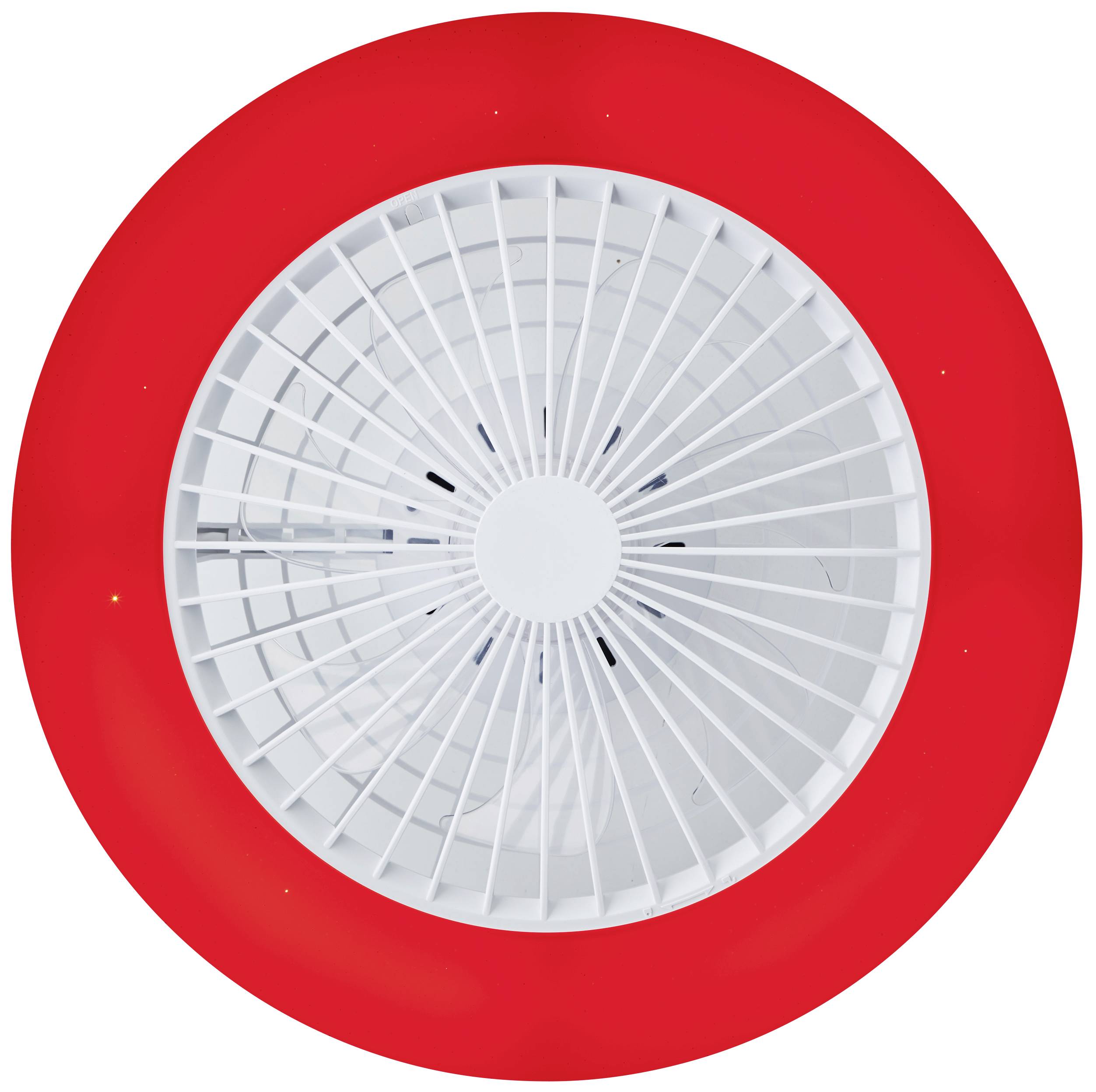 Ein runder Rauchmelder mit weißem Gitter und rotem Rand, an einer Decke montiert.