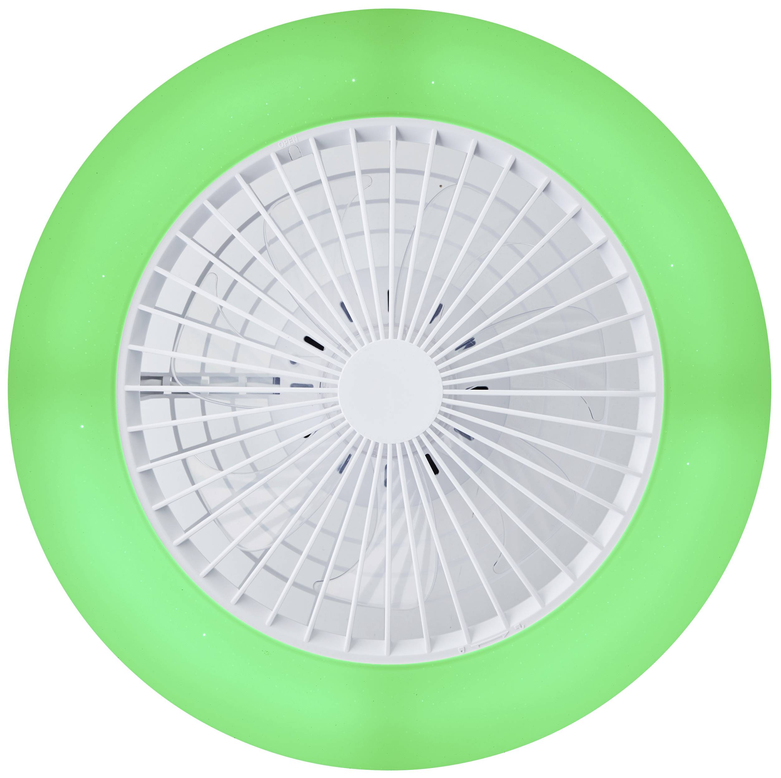 Runder Ventilator mit leuchtend grünem Rand. Der Blick von oben zeigt die Gitterstruktur über den Rotorblättern.