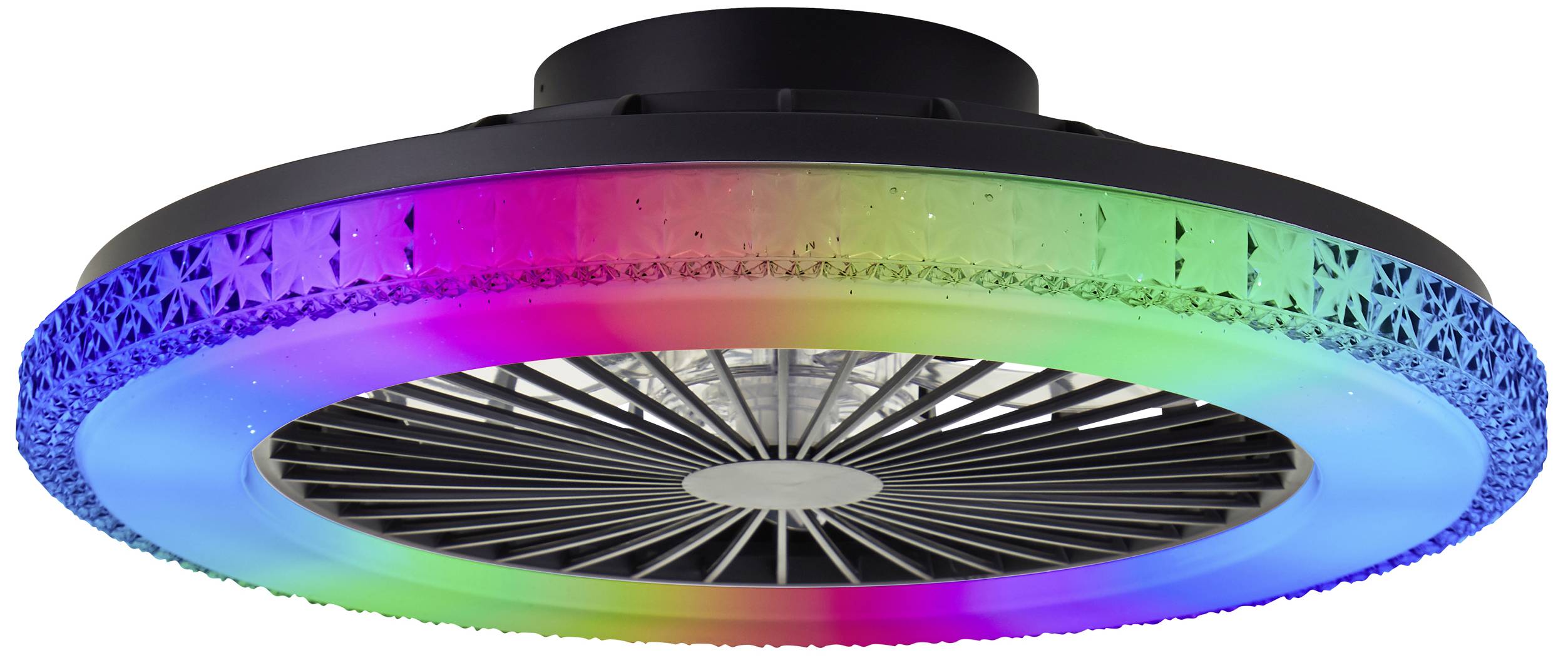 Ein Deckenventilator mit farbwechselndem LED-Licht in Rot, Blau, Grün und Lila.