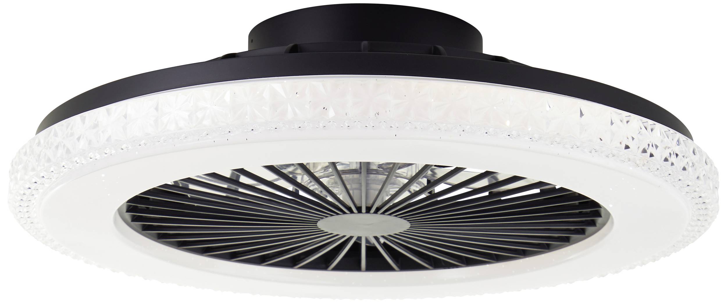 Deckenventilator mit schwarz-weißem Gehäuse und LED-Leuchte, stilvolles Design.