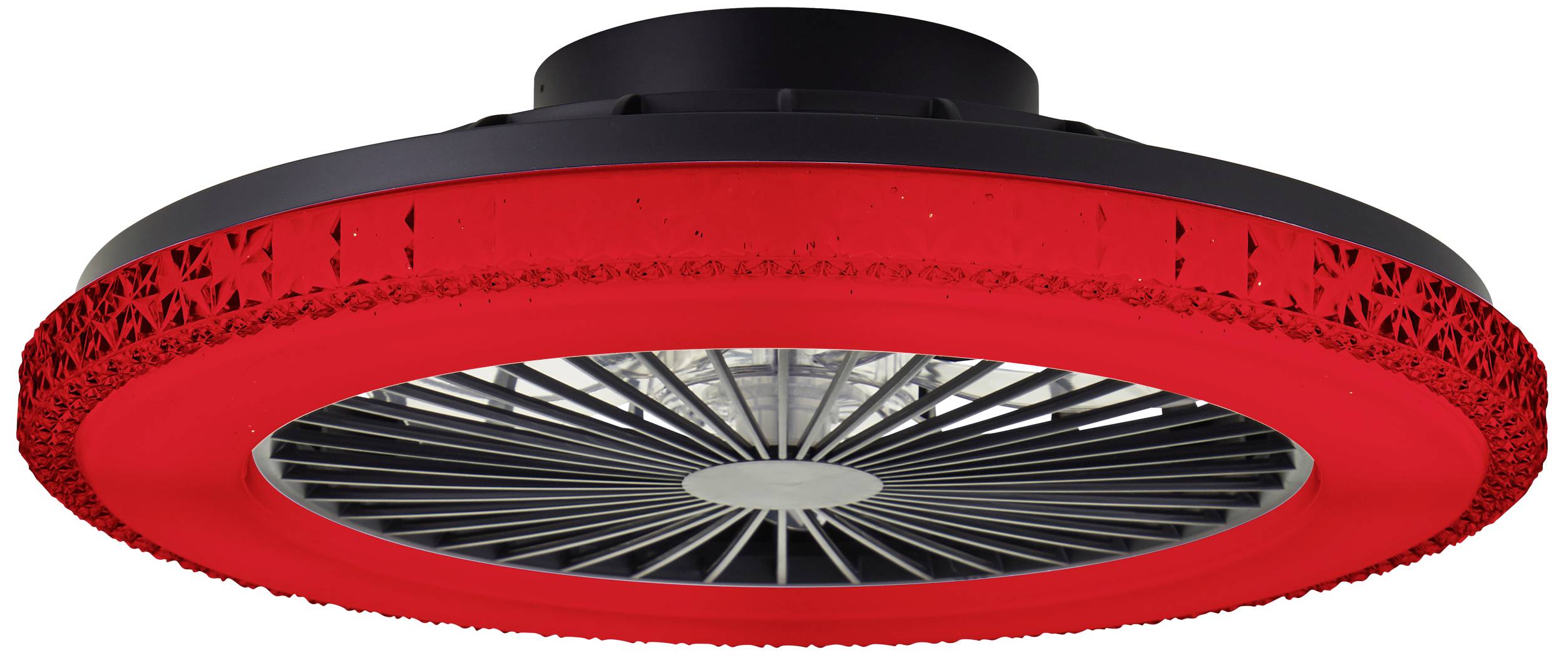 Rundumleuchte mit rotem, dekorativem Rahmen und schwarzem Gehäuse. Eignet sich zur Deckenmontage und sorgt für eine stilvolle Beleuchtung.