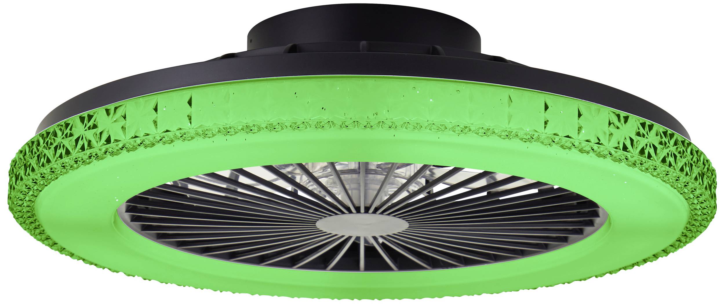 Ein runder schwarz-grüner UFO-LED-Deckenventilator leuchtet in hellem Grün. Er hat ein modernes Design mit einer Gitterstruktur.