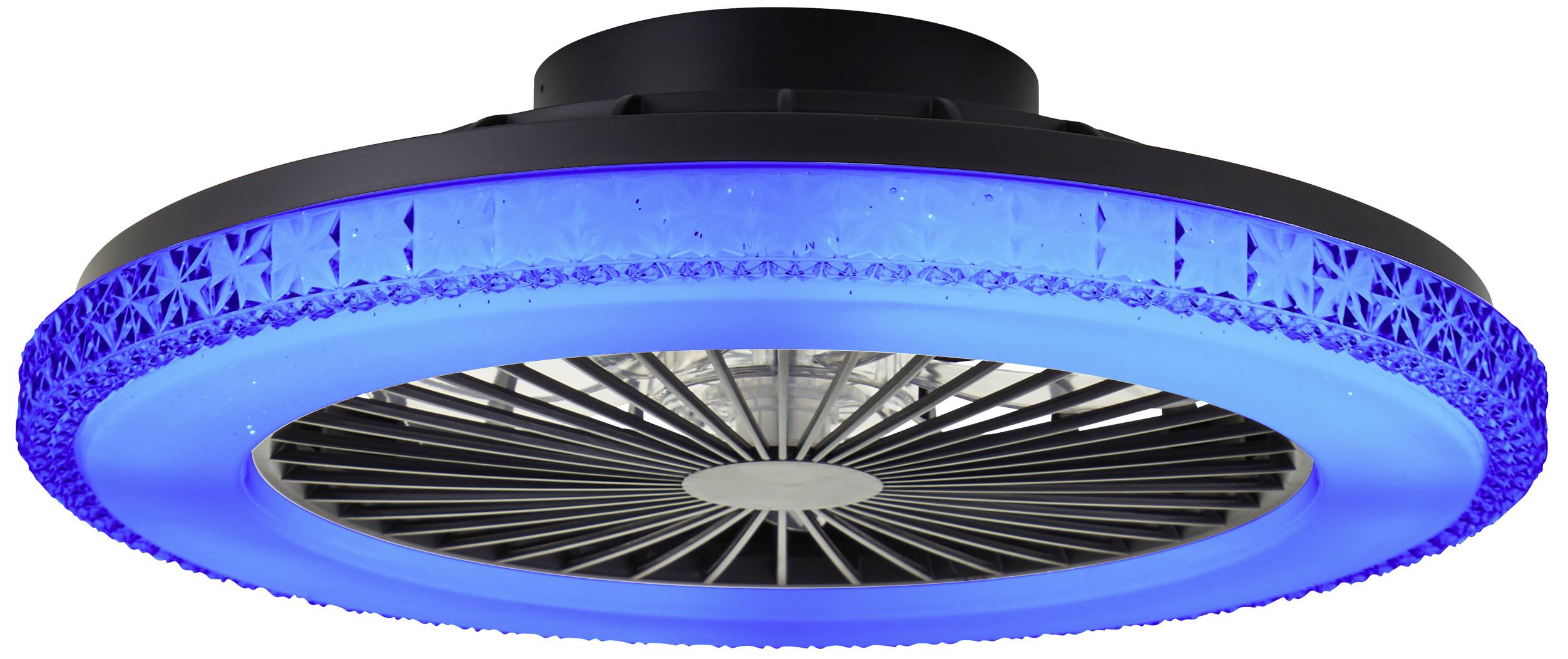 Eine runde Deckenleuchte mit blauem LED-Ring und zentralem Ventilator.