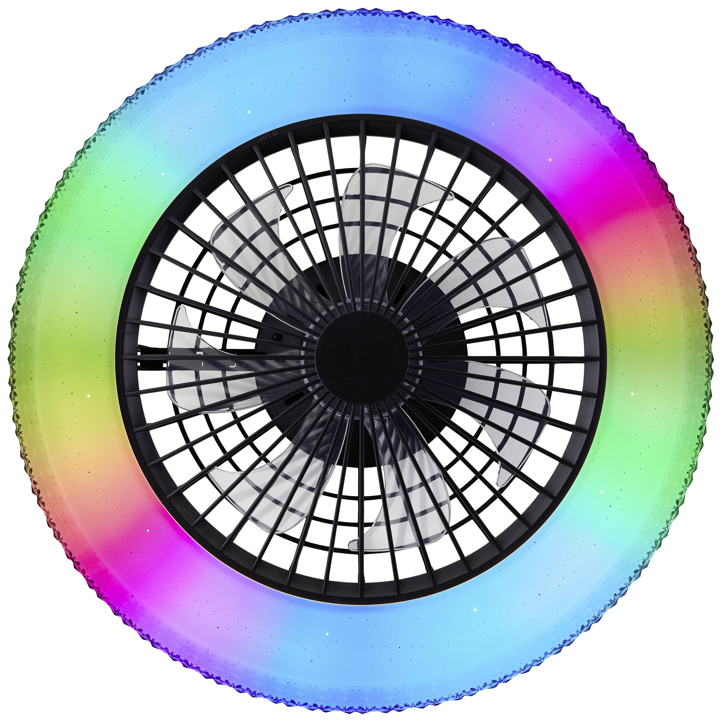 Schwimmreifen mit schwarzem Gittermuster und Regenbogen-LED-Beleuchtung, die leuchtet. Kreisförmiger Entwurf für Wasseraktivitäten.