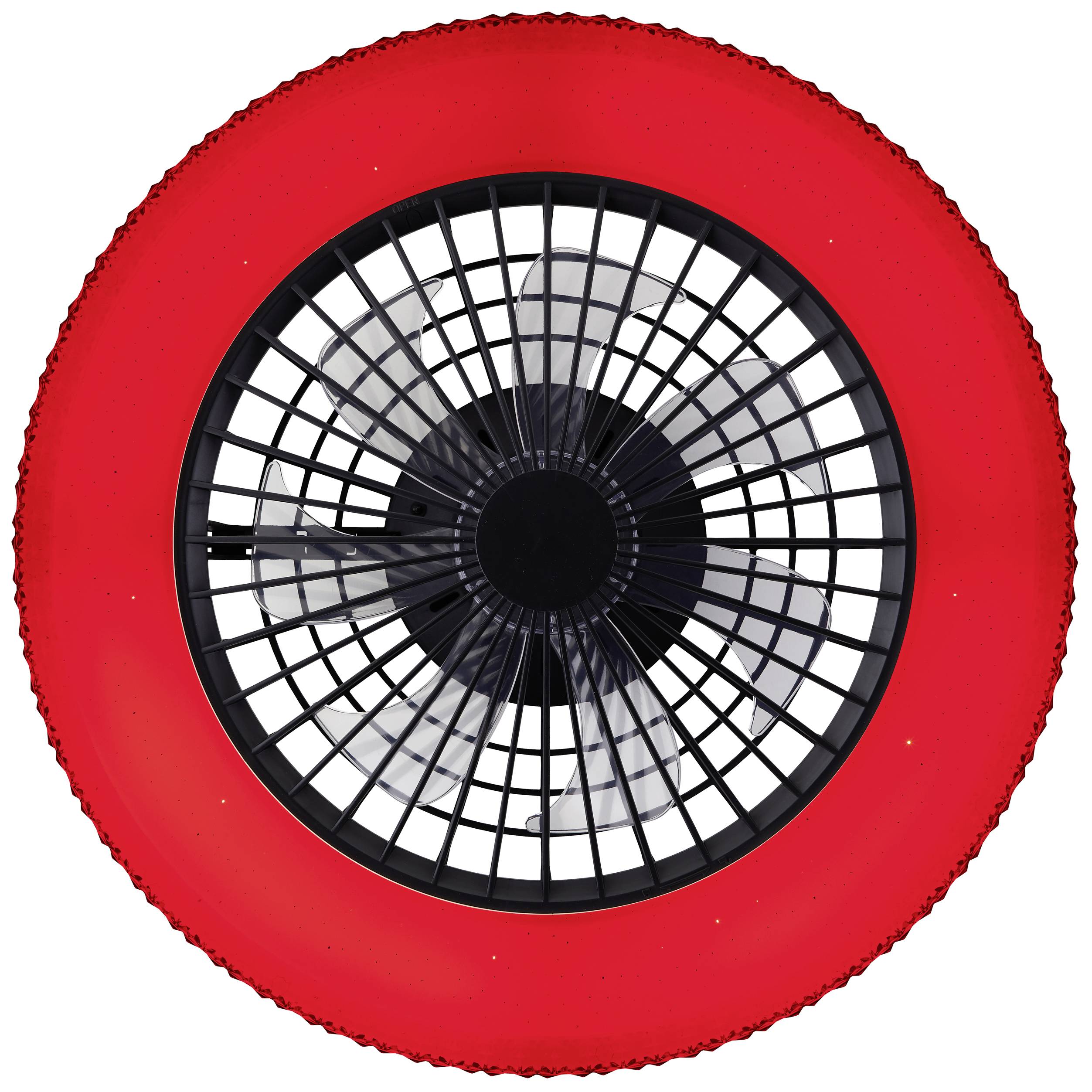 Ein rot beleuchteter Ventilator in Draufsicht, zeigt eine kreisförmige Form mit Gitter und Rotorblättern in der Mitte.