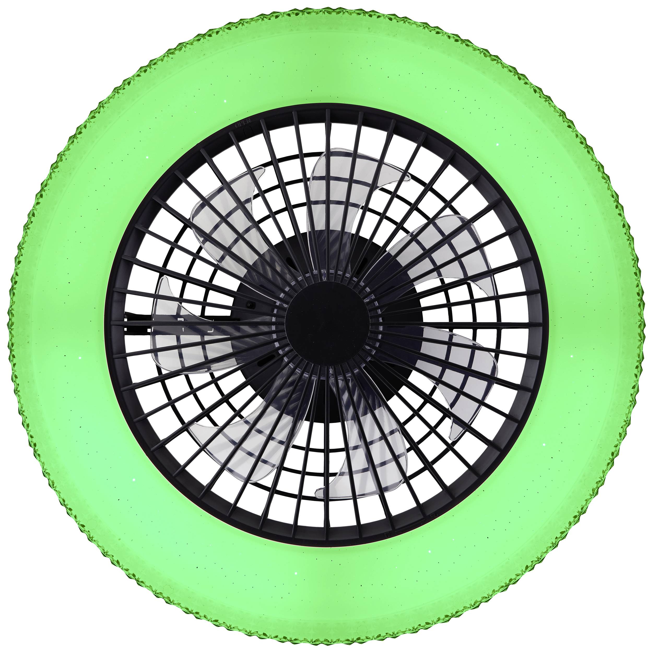Ein schwarzer Ventilator von oben, hinter einem Gitter, umgeben von einem leuchtend grünen Ring.