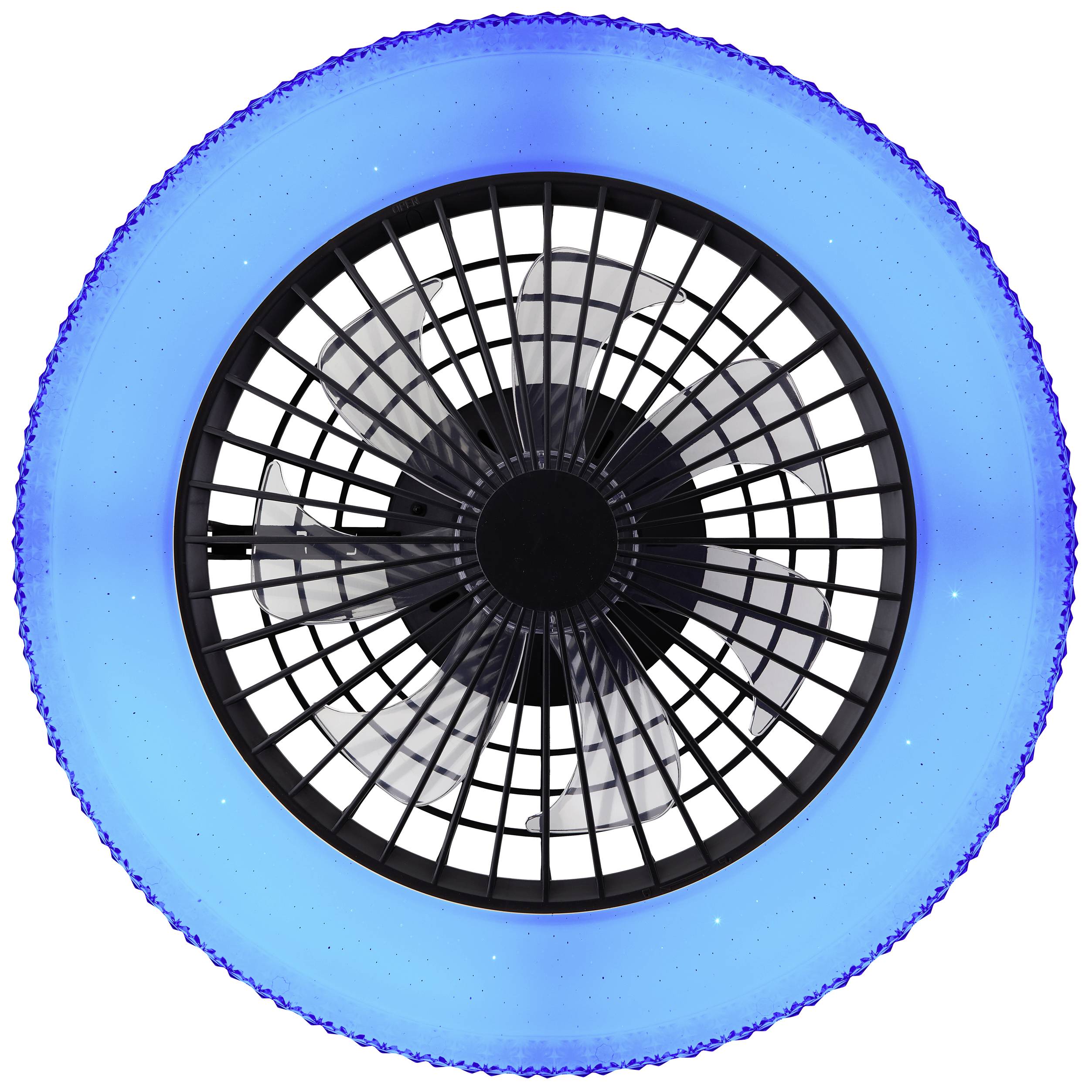 Ein blauer, runder Schwimmreifen mit einem aufgedruckten Bild eines Ventilators in der Mitte.