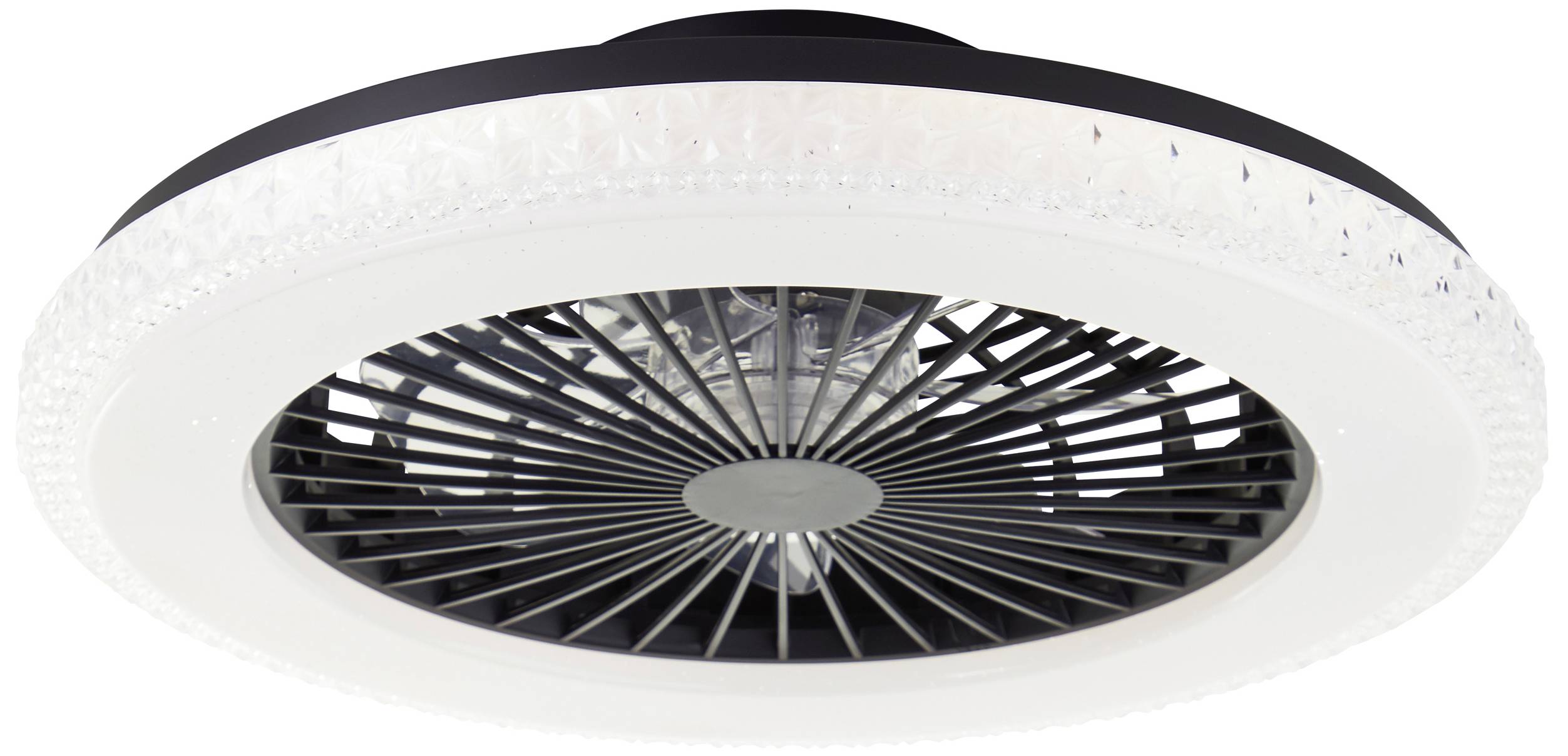 Ein moderner Deckenventilator mit rundem, weißem Gehäuse und transparenten Elementen. Sichtbare Rotorblätter im Inneren.