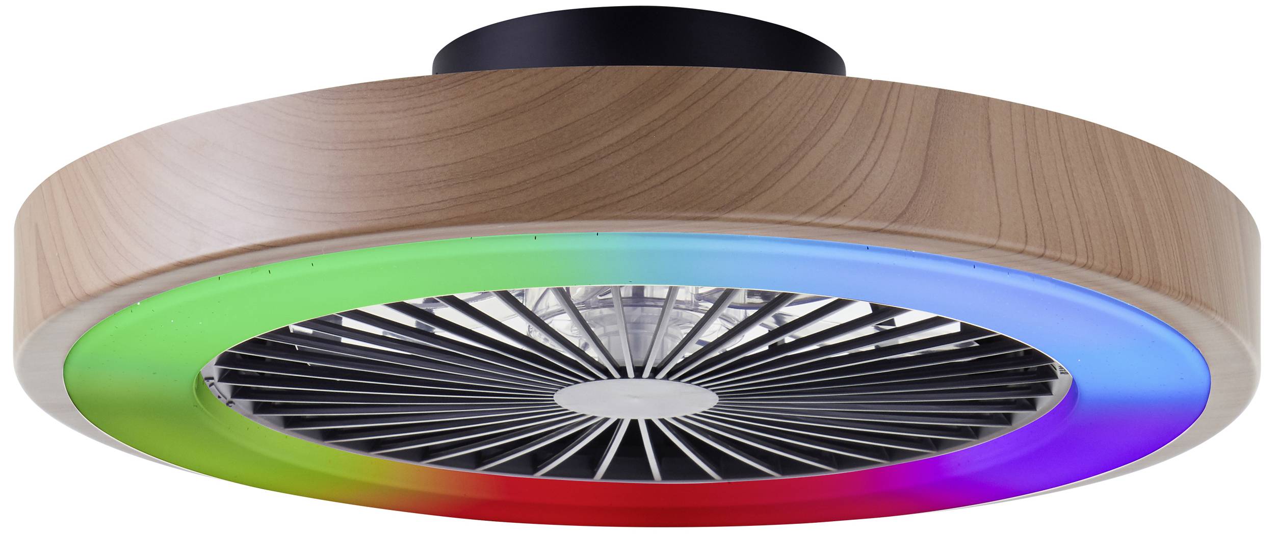 Kreisförmiger Deckenventilator mit Holzoptik und LED-Beleuchtung in grün, blau und rot.