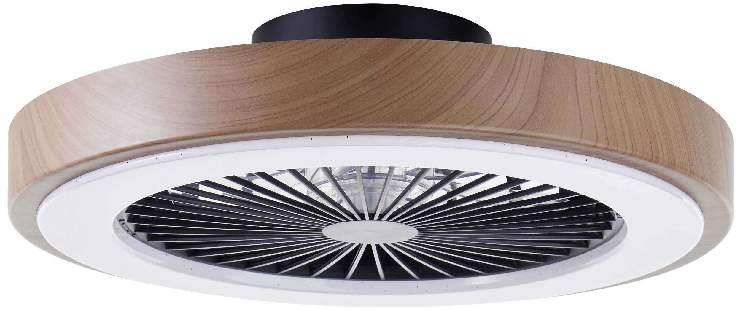 Ein moderner Deckenventilator mit einem Holzrahmen, zentralen Lüfterblättern und einer integrierten Beleuchtung.
