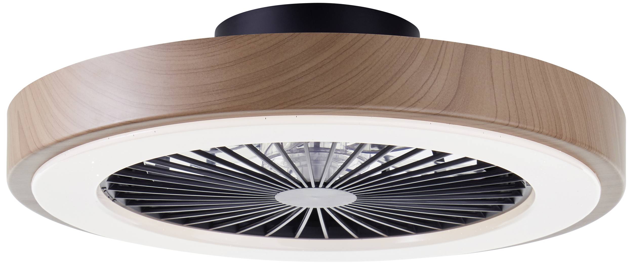Runder Deckenventilator mit Holzoptik und integrierter LED-Beleuchtung, zeigt moderne und funktionale Designmerkmale.