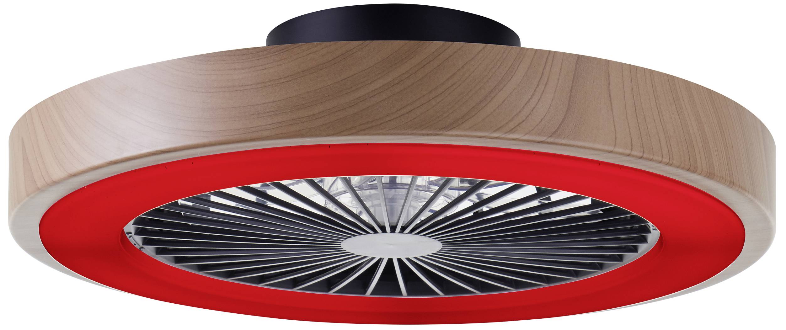 Ein runder, moderner Ventilator mit einem holzfarbenen Gehäuse und einem leuchtend roten LED-Ring am Rand.