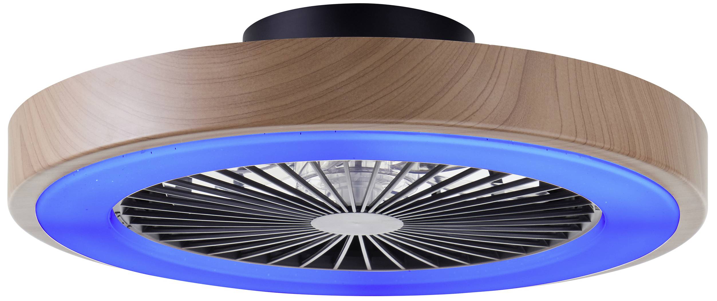 Ein Deckenventilator mit Holzoptik und blauem LED-Lichtring.