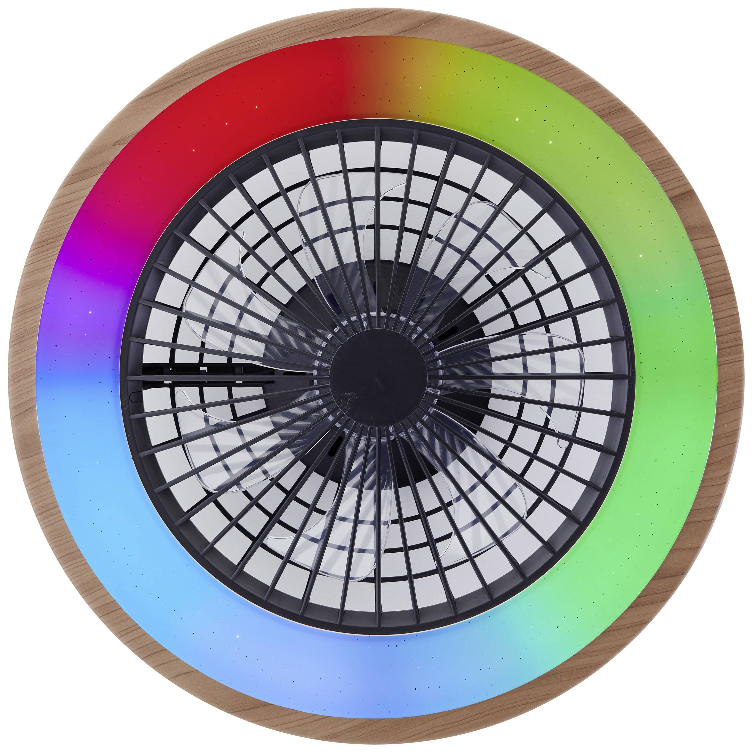 Runde LED-Deckenleuchte mit Holzrahmen. Farben ändern sich von Rot, Blau zu Grün um einen schwarz-weißen Ventilator in der Mitte.