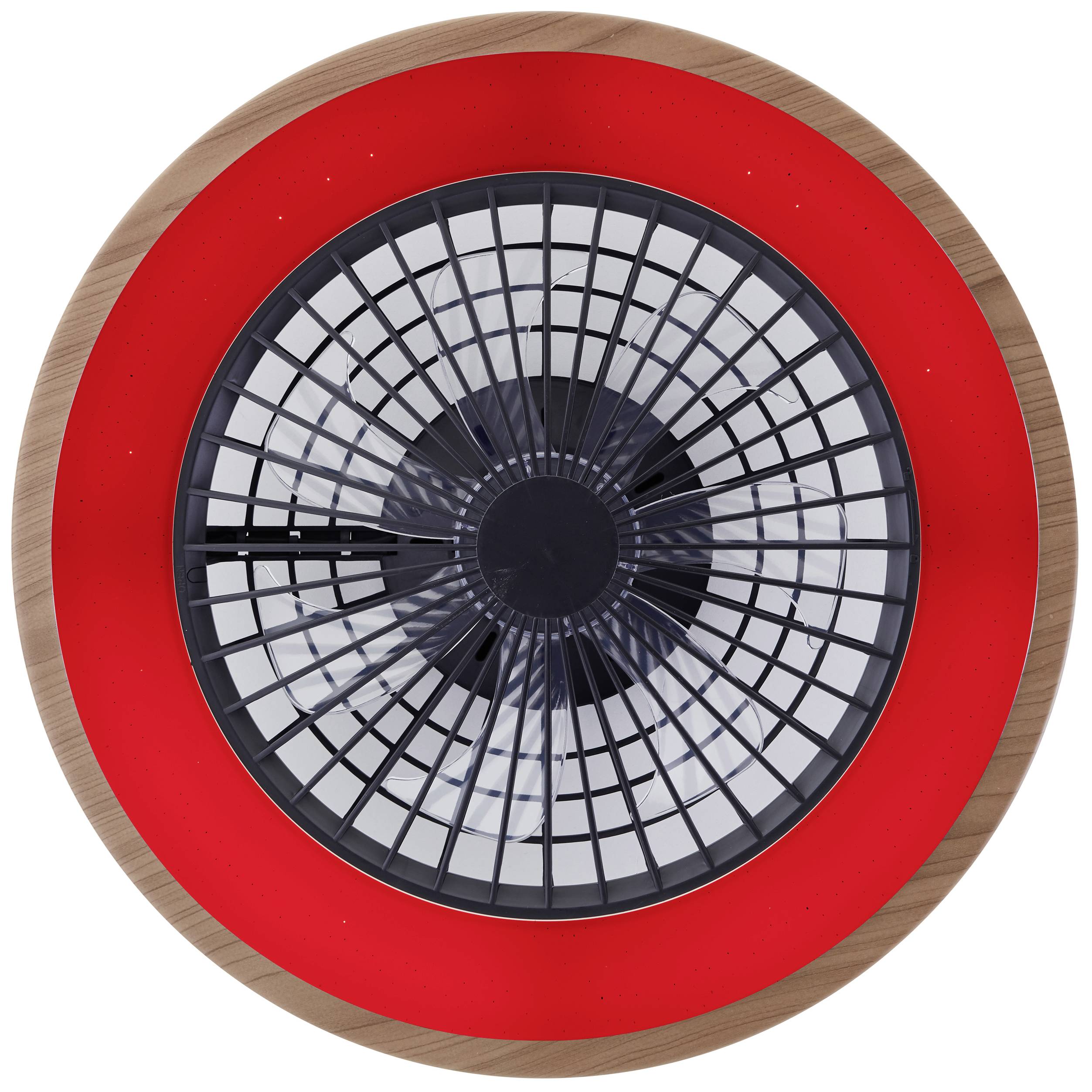 Ventilator in einer kreisförmigen, roten Umrandung. Schwarze Gitterstruktur über den Flügeln. Ansicht von oben.