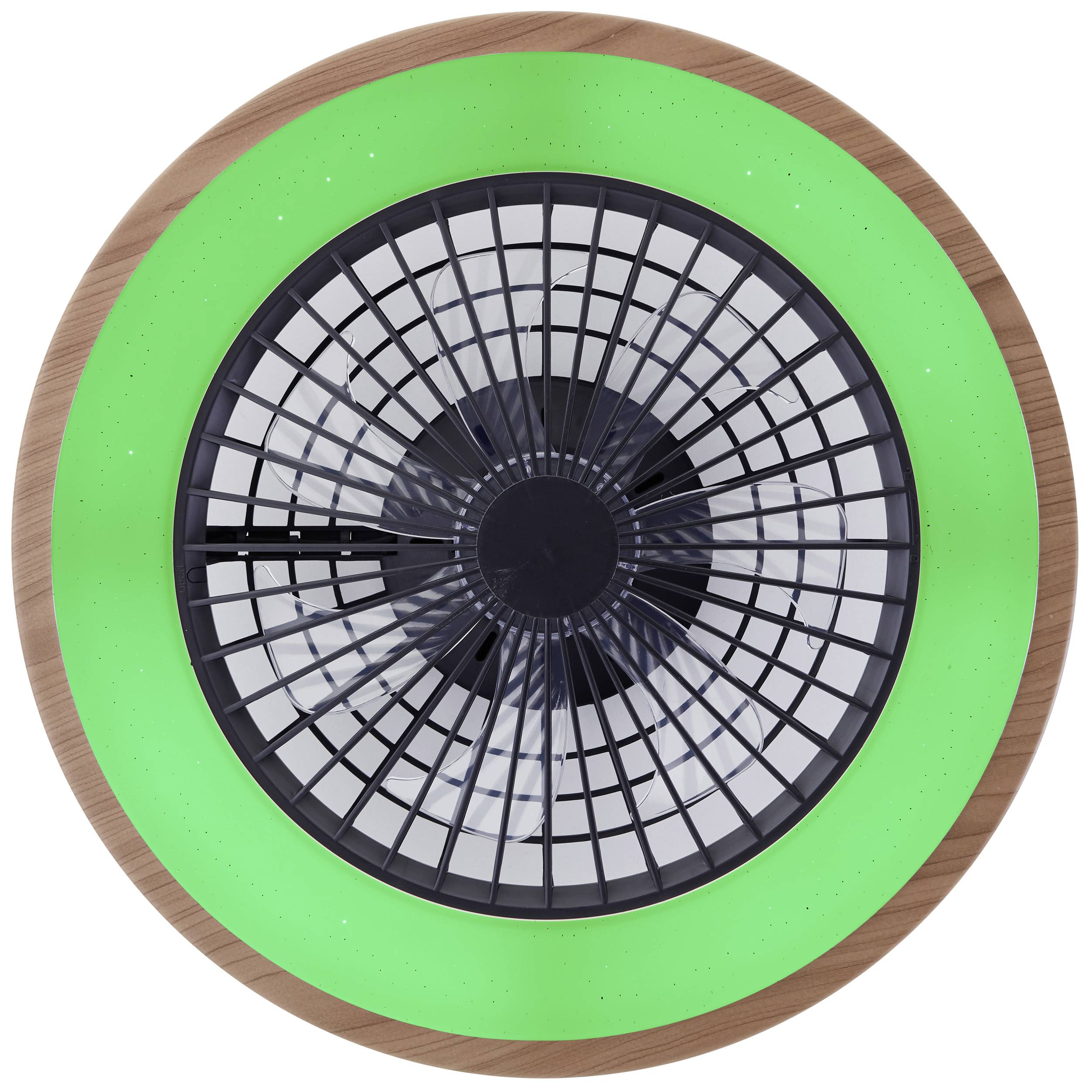 Deckenventilator mit grünem LED-Lichtring, schwarzem Gitter und Rotorblättern. Modernes Design, energiesparend.