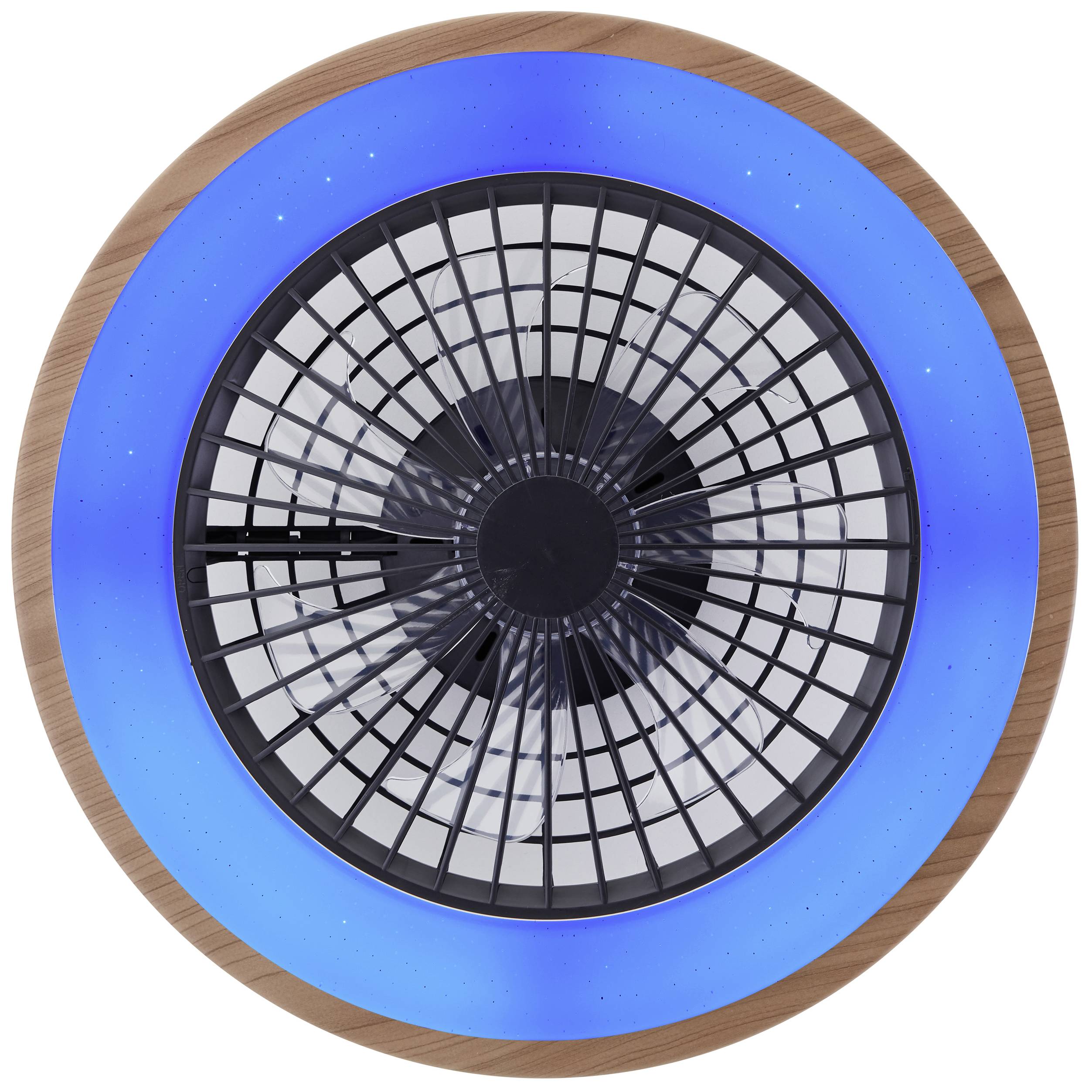 Ein runder Ventilator mit einem blauen Lichtring und dunkelgrauen Gitterflügeln in der Mitte, auf einem weißen Hintergrund.
