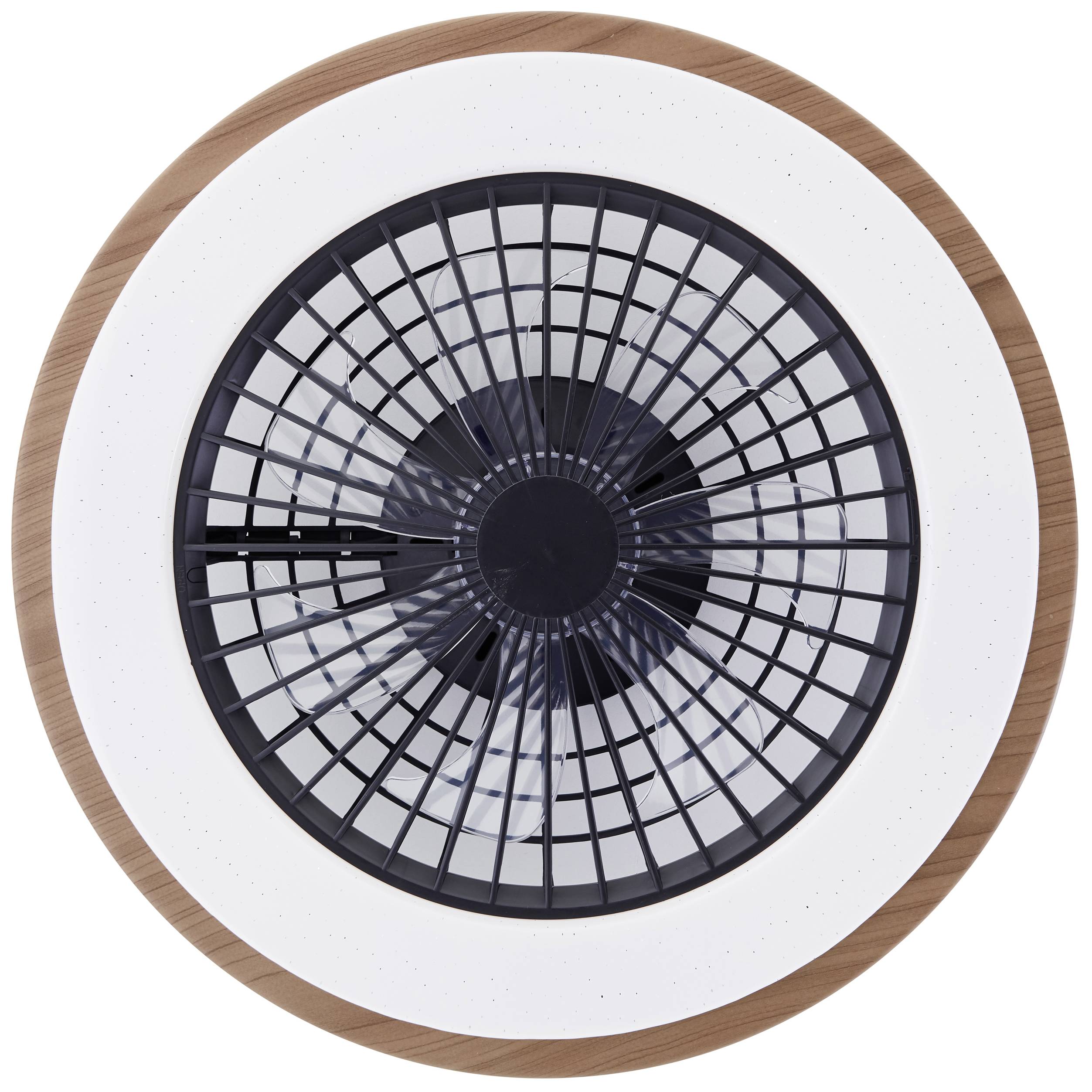 Runder Deckenventilator mit holzähnlichem Rahmen und schwarzem Gitter. Innen weiße, leuchtende Fläche. Moderne, schlichte Optik.