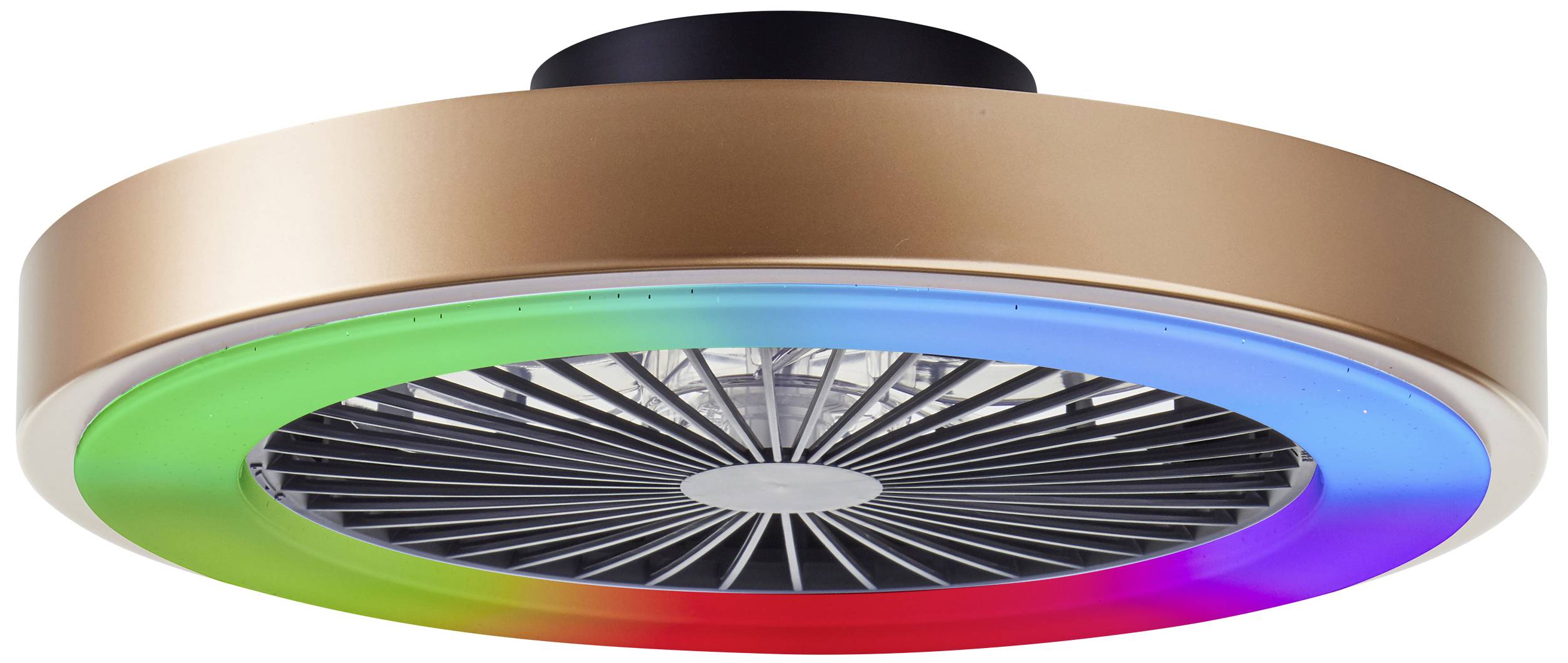 Deckenventilator mit rundem LED-Lichtring in Regenbogenfarben, goldener Rahmen.