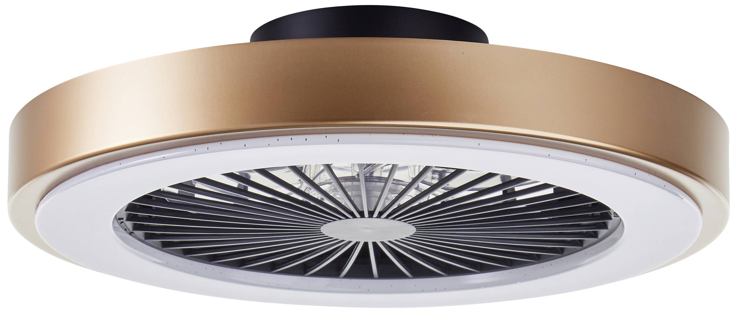 Runde, moderne Deckenleuchte in Kupfer mit integriertem Ventilator und weißen Leuchtelementen, Ansicht von unten.