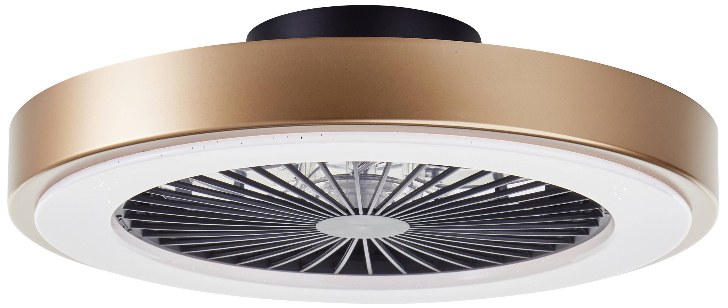 Eine runde Deckenlampe in Kupfer-Optik mit integriertem Ventilator.