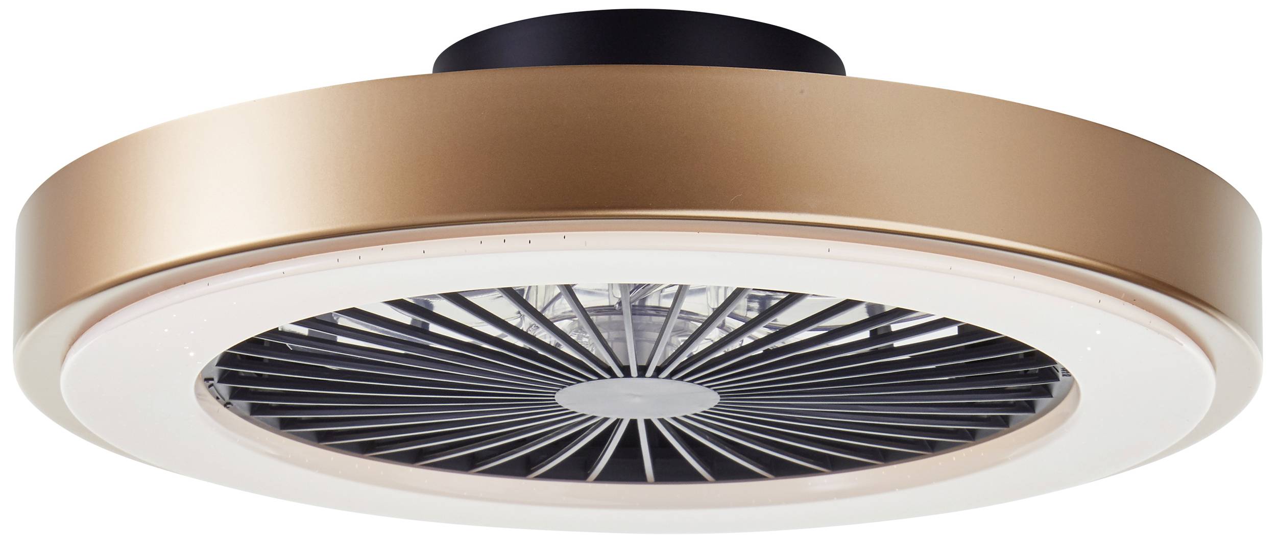 Moderne, runde Deckenventilatorlampe in einer goldenen Fassung mit schwarzem Gittermuster in der Mitte.