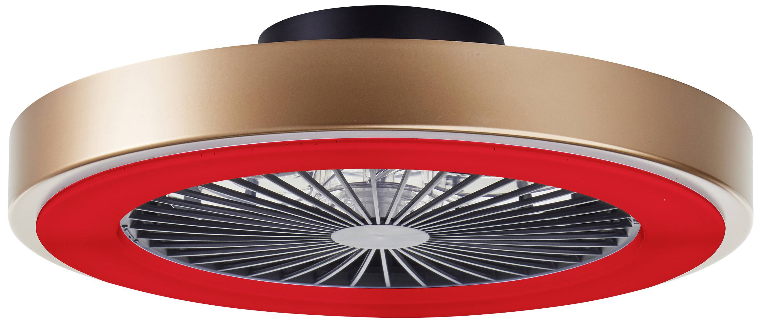 Deckenventilator mit modernem Design, roter LED-Beleuchtung und bronzefarbener Umrandung. Sichtbare Rotorblätter und zentrale Lichtquelle.