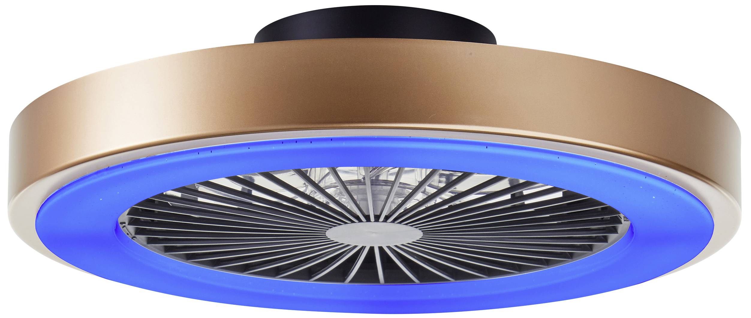 Deckenventilator mit futuristischem Design, bronzefarben, mit integrierter LED-Leuchte und blauer Lichtrahmung.