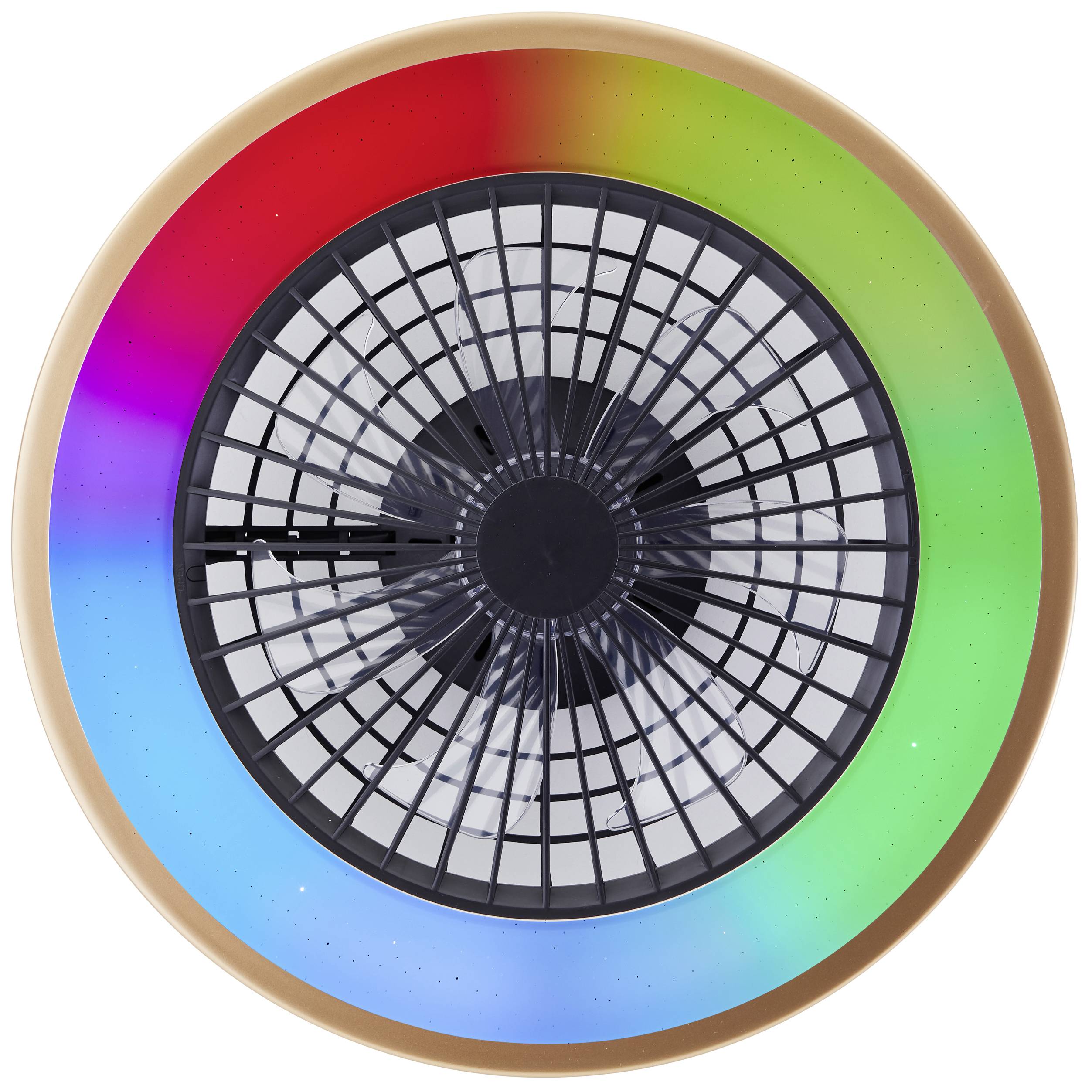 Bunter, kreisförmiger Ventilator mit einem Gitter in der Mitte. Der äußere Rand leuchtet in Regenbogenfarben.