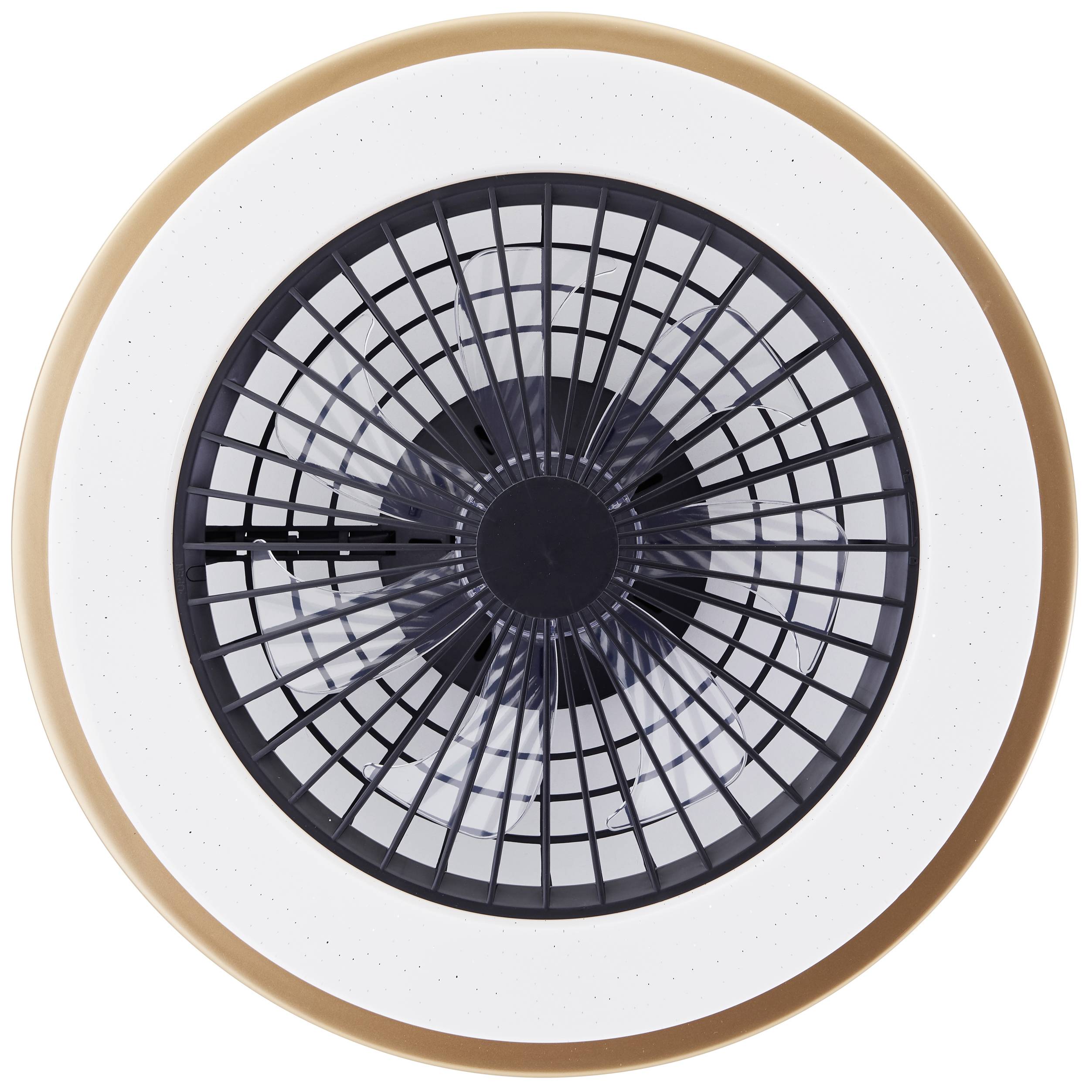 Deckenventilator mit einem kreisförmigen Gitter, weißem Rahmen und kupferfarbener Kante, vor einem weißen Hintergrund.