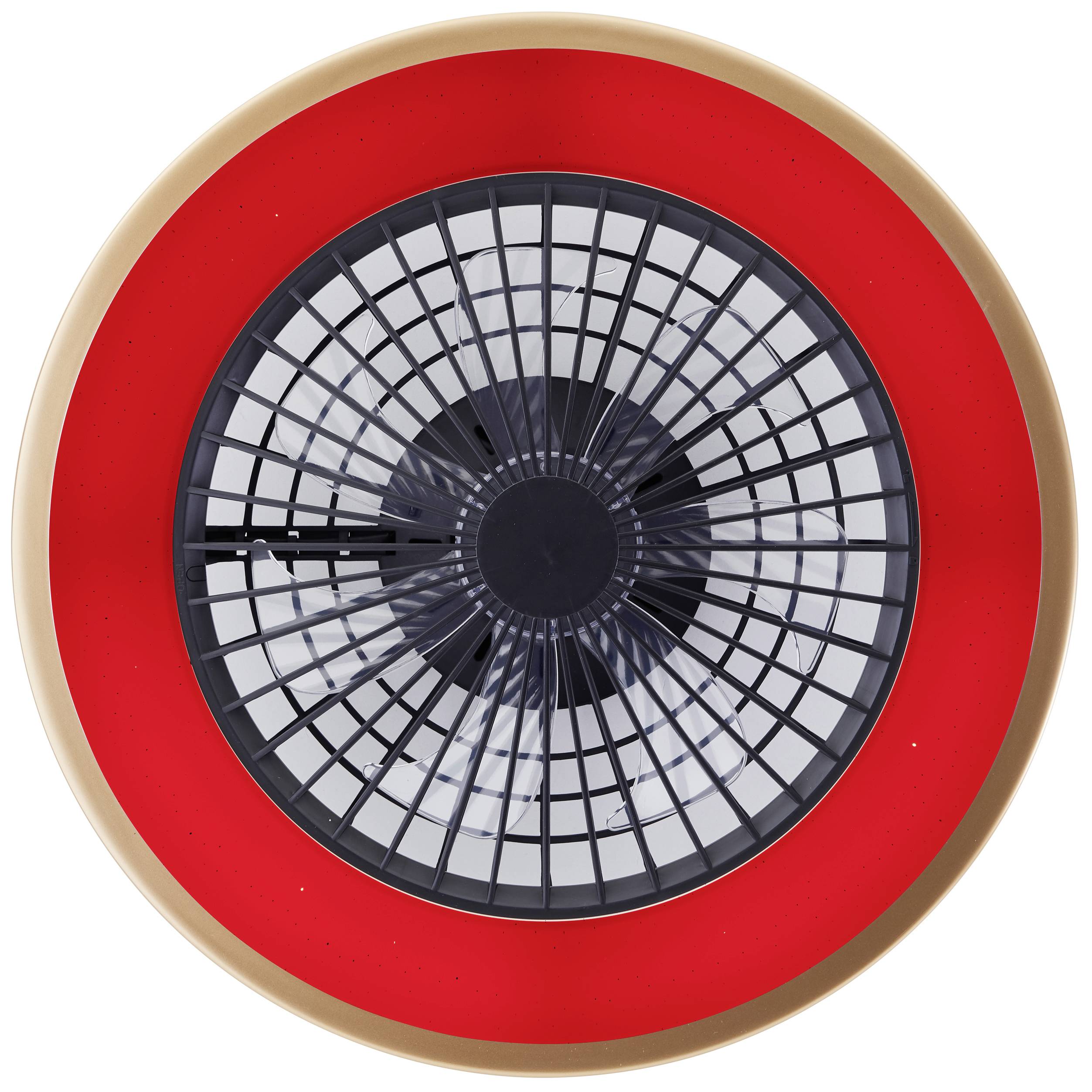 Ein runder, rot umrandeter Ventilator aus der Vogelperspektive. Der Ventilator hat einen schwarz-weißen Gittereinsatz in der Mitte.