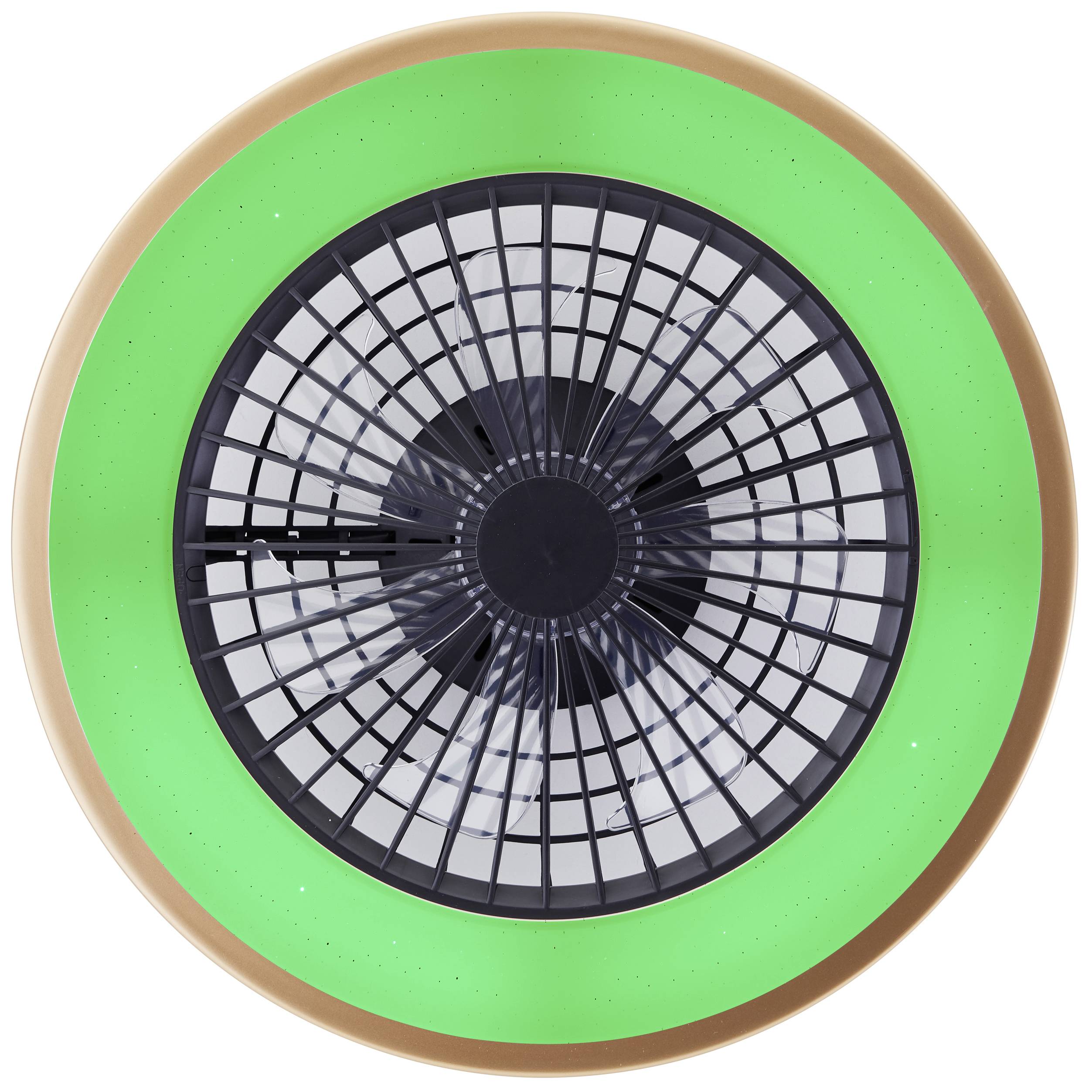 Ein runder Deckenlüfter mit grünem Ring und schwarzem Gittermuster in der Mitte, das wie ein Lüftergitter aussieht.