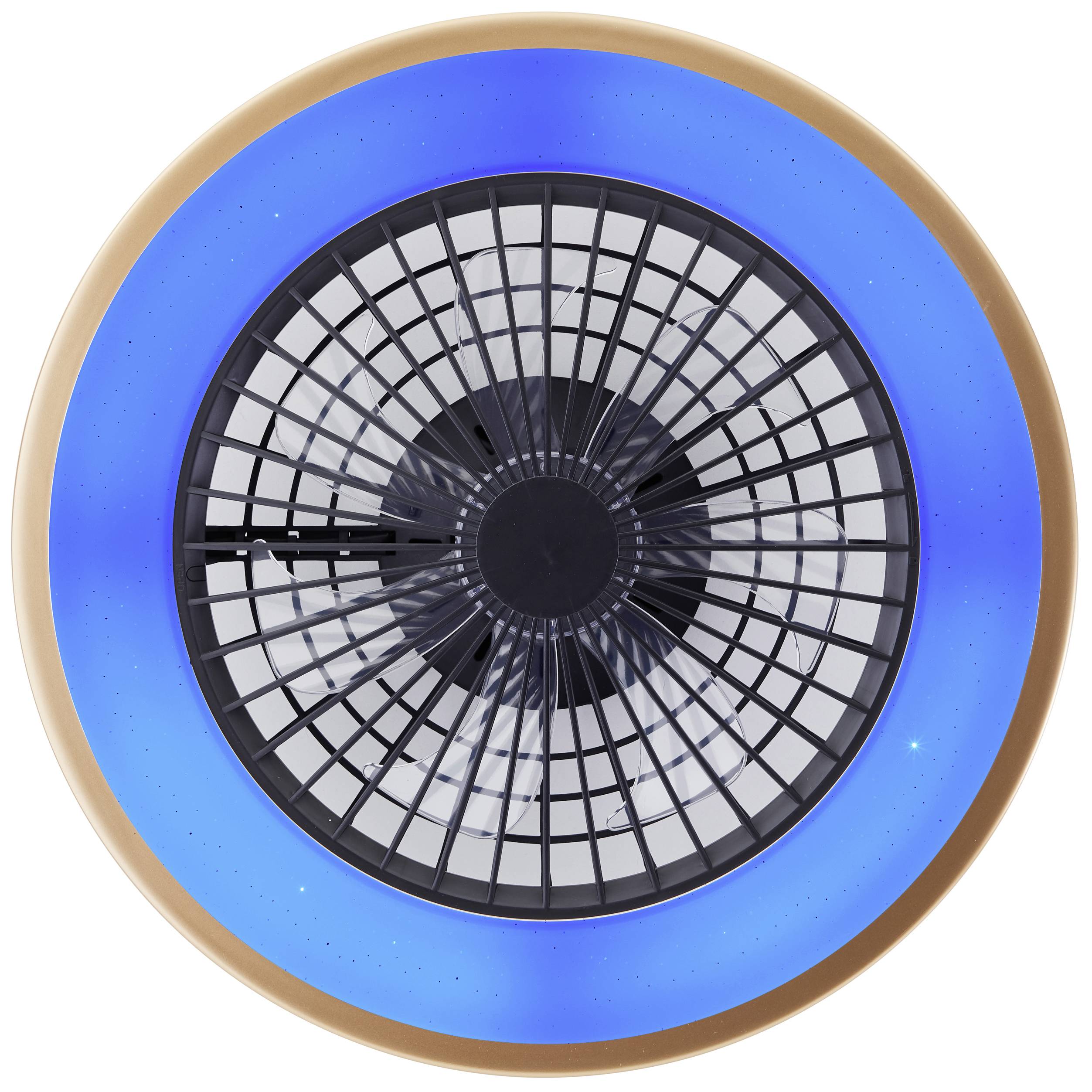 Runder Deckenventilator mit blauem LED-Licht außen im Zentrum. Ventilatorenflügel sind hinter einem Gitter sichtbar.