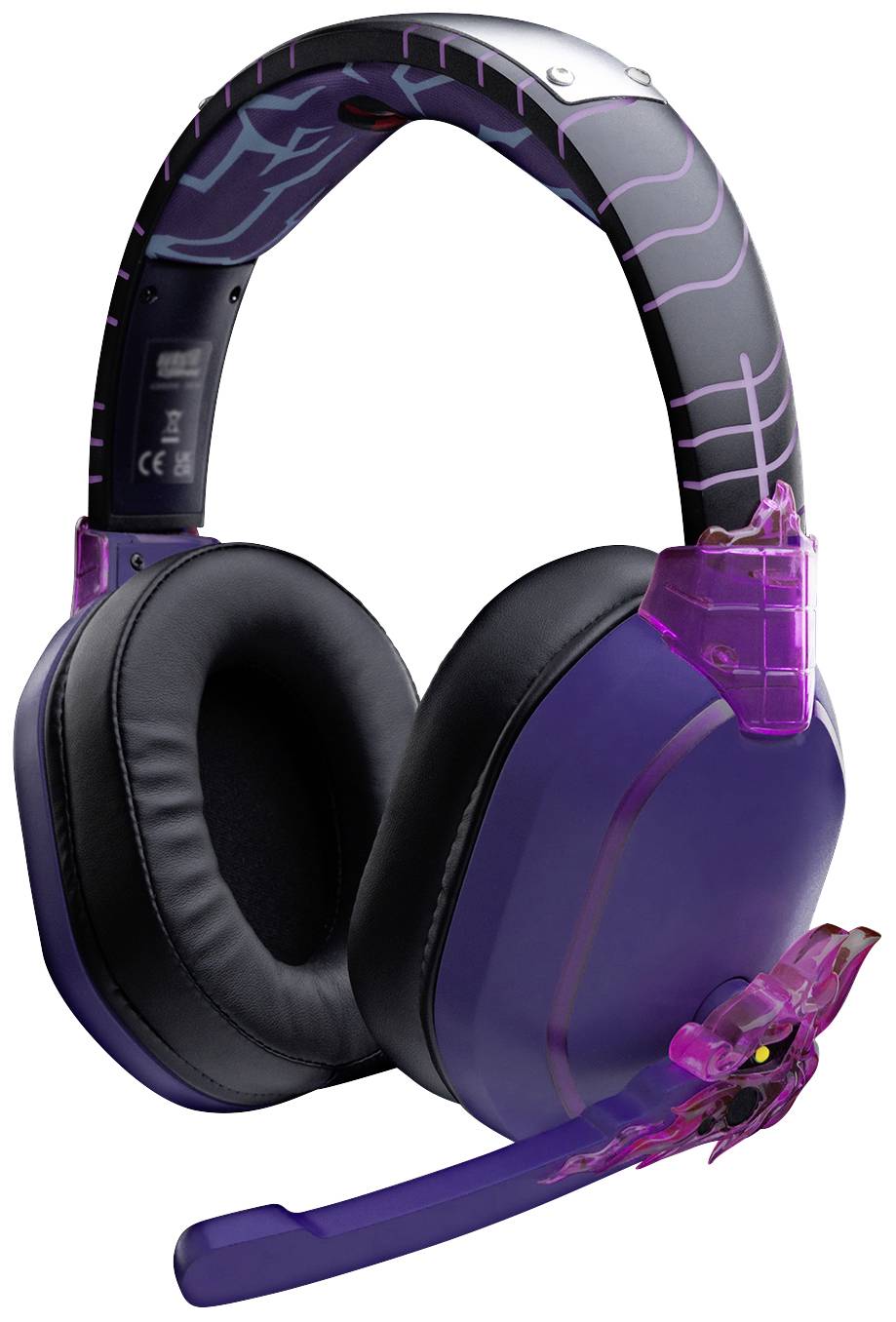 Ein futuristisch gestaltetes Gaming-Headset mit violetten Akzenten und Mikrofon.